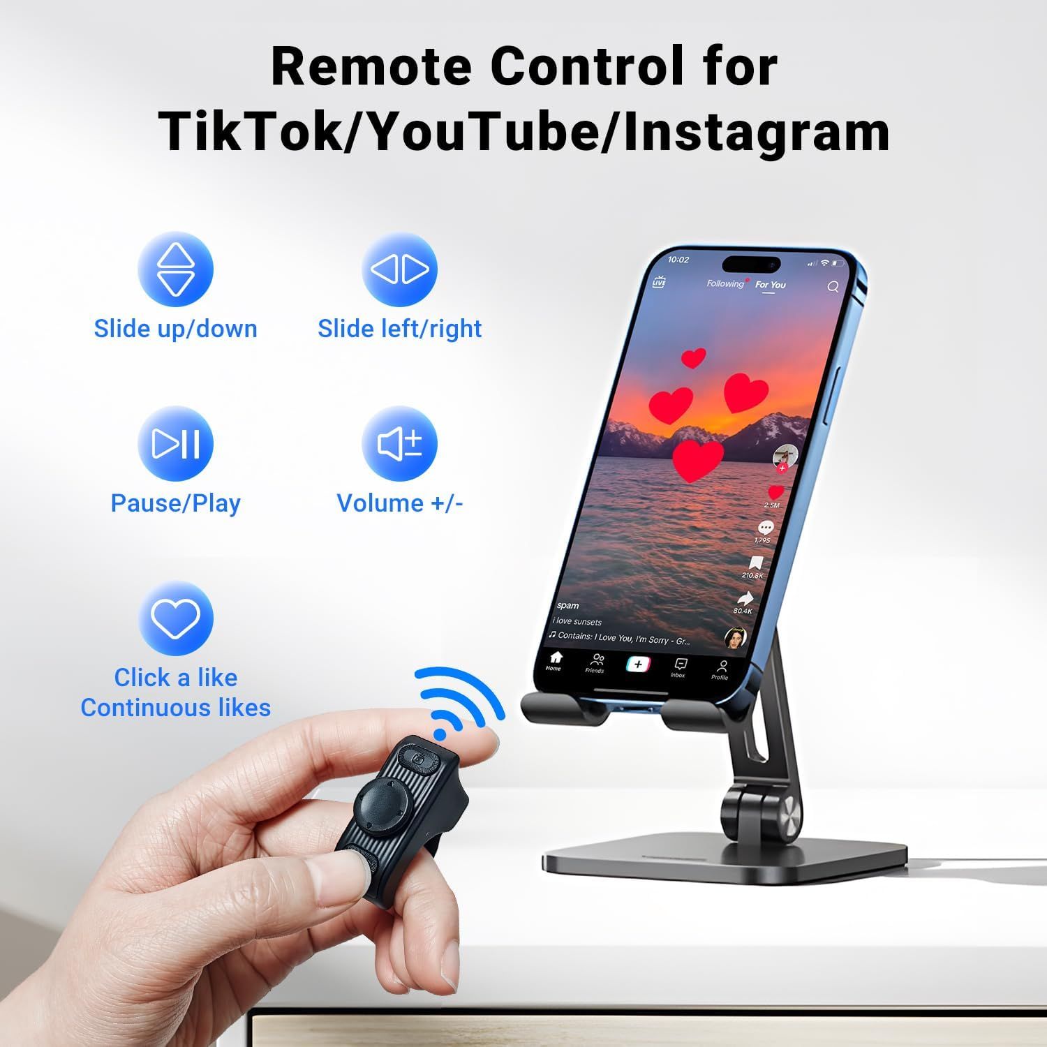 Demonstrates the multiple control functions available through the wireless remote, showing shoppers how they can easily navigate and interact with social media apps hands-free.