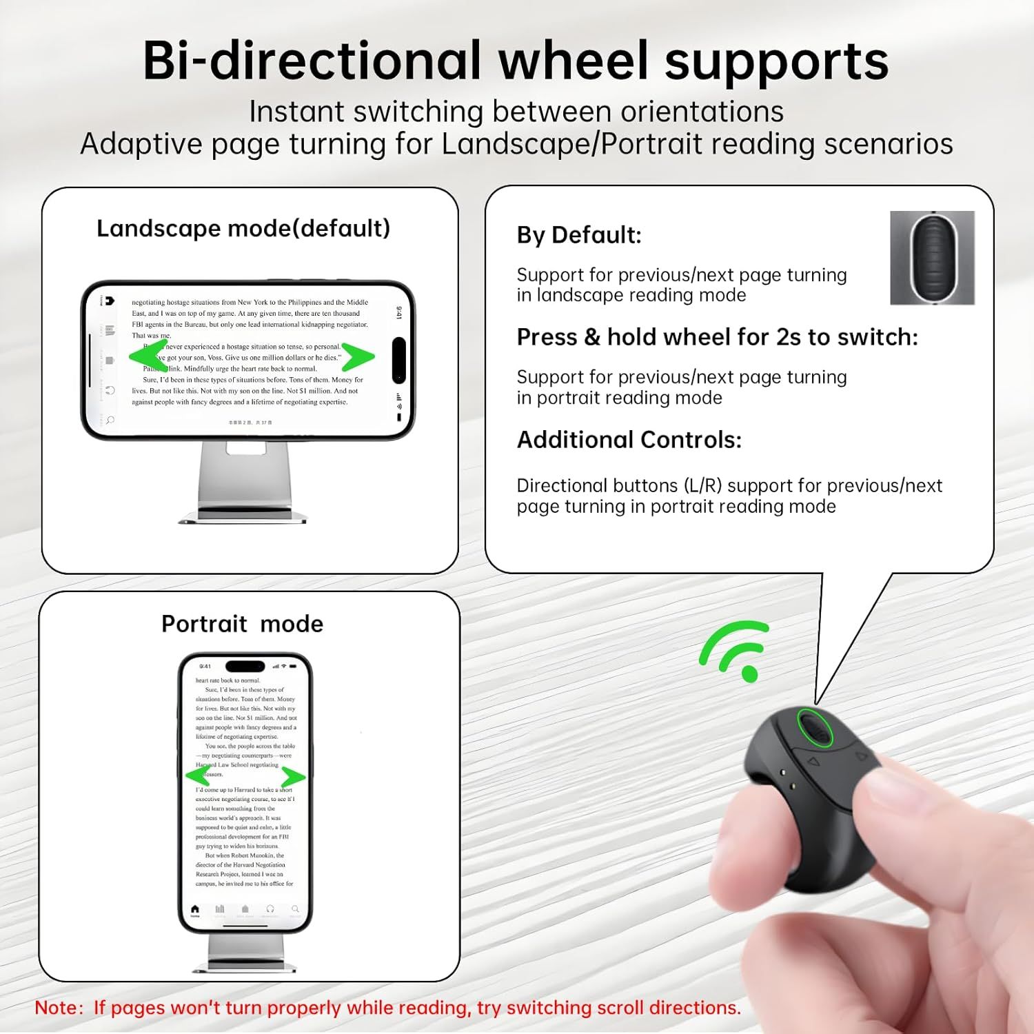 Explains how to use the bi-directional wheel feature to switch between landscape and portrait reading modes, including the press-and-hold gesture and directional button controls. Highlights multiple…