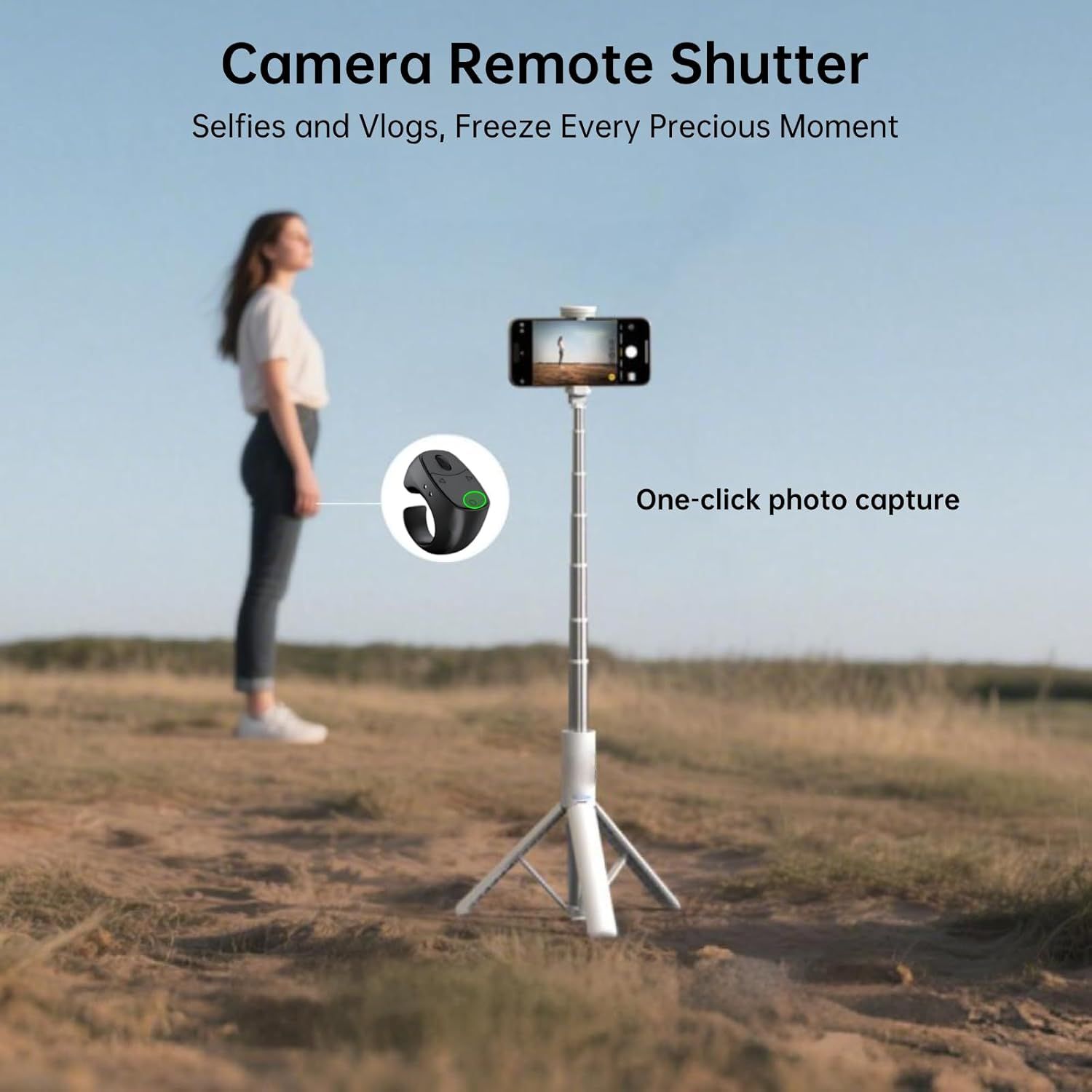 Demonstrates the remote shutter functionality that allows users to capture selfies and vlogs hands-free with one-click convenience, emphasizing ease of use for content creation.