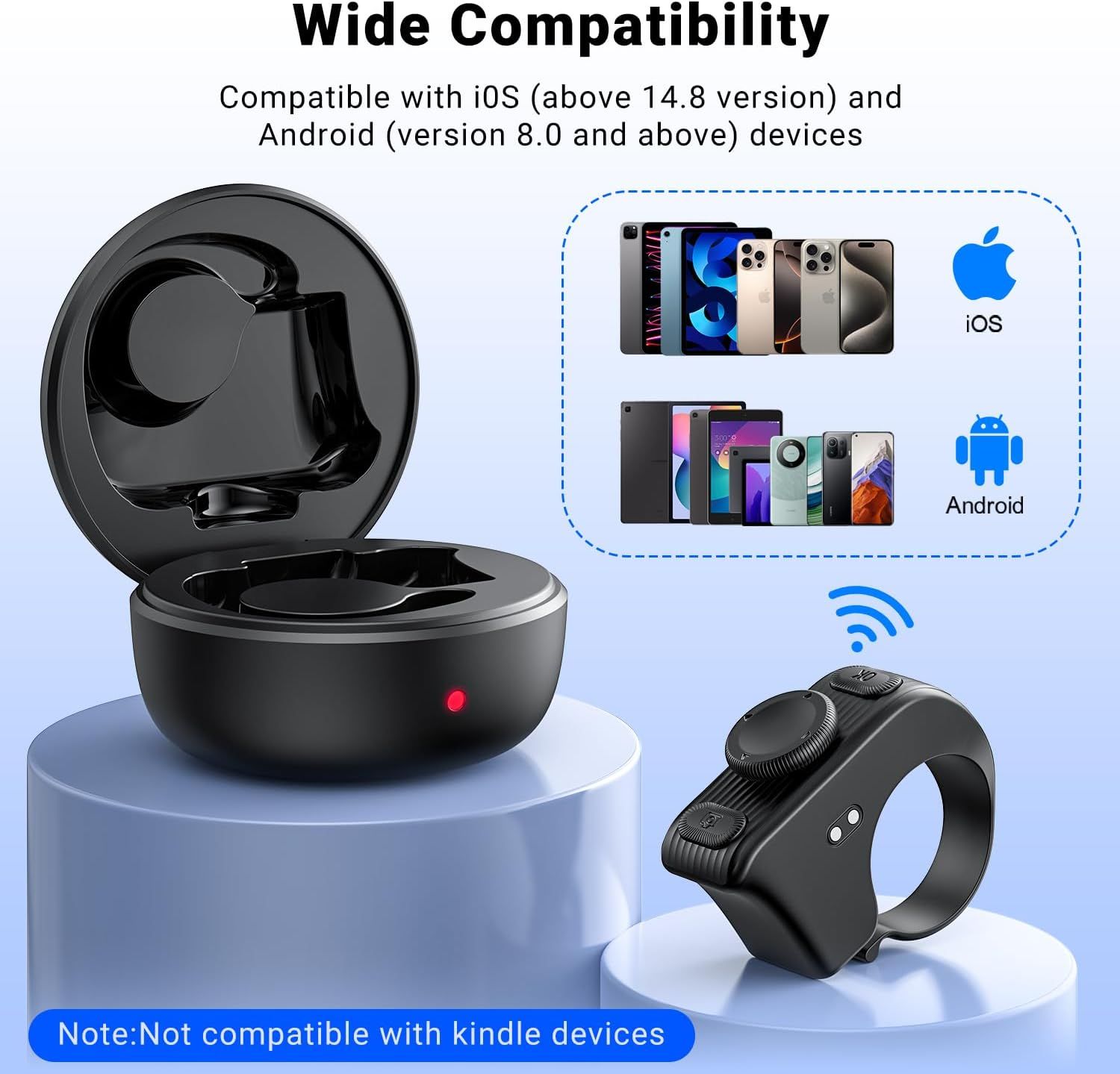 Demonstrates the product's compatibility with a wide range of iOS and Android devices, reassuring shoppers that it will work with their existing smartphones and tablets.