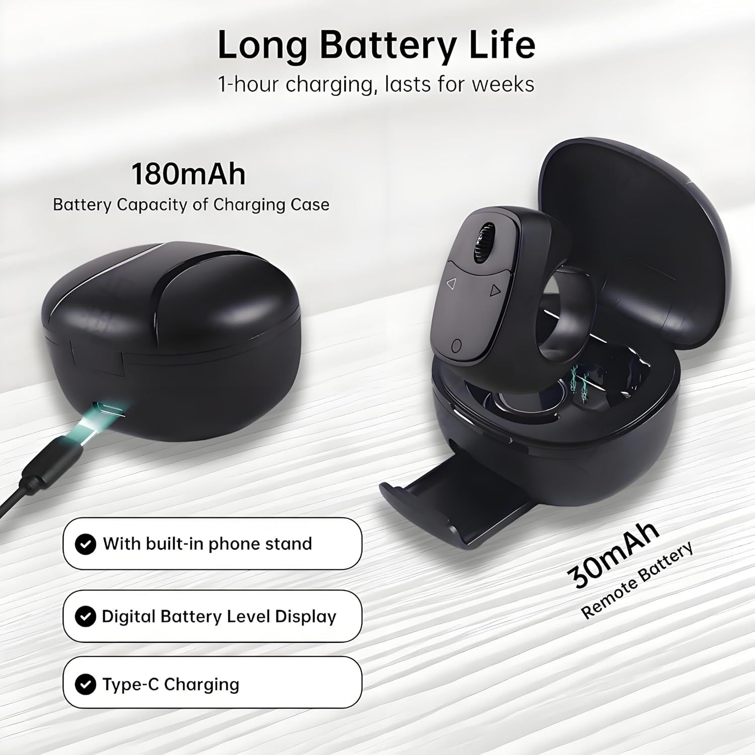 Communicates multiple key benefits of the wireless earbuds charging case, including extended battery life, convenience features, and charging capabilities to reassure shoppers of the product's…