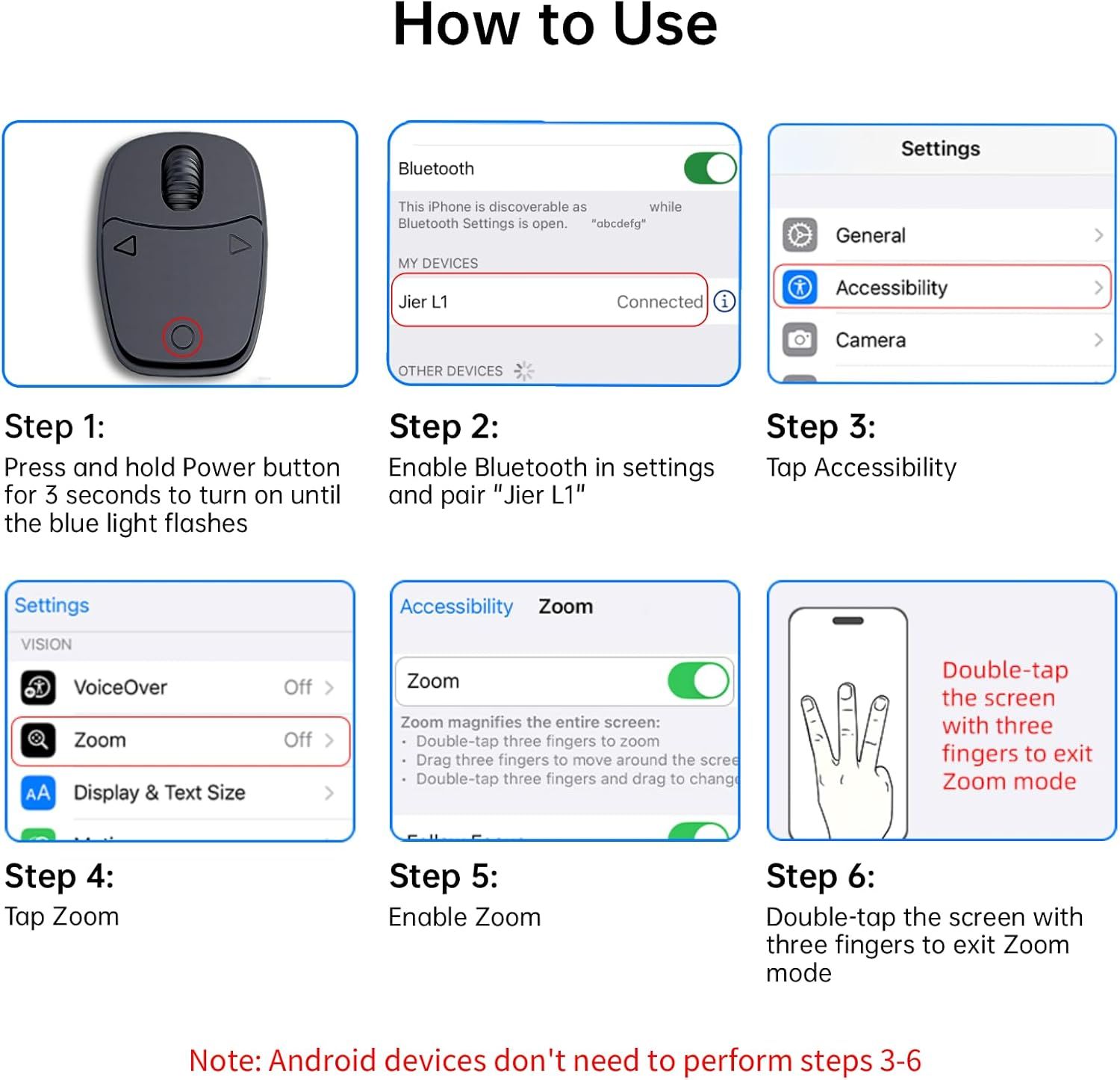 Provides step-by-step instructions for setting up and using the device, including Bluetooth pairing, enabling accessibility features, and configuring zoom mode on iOS devices.