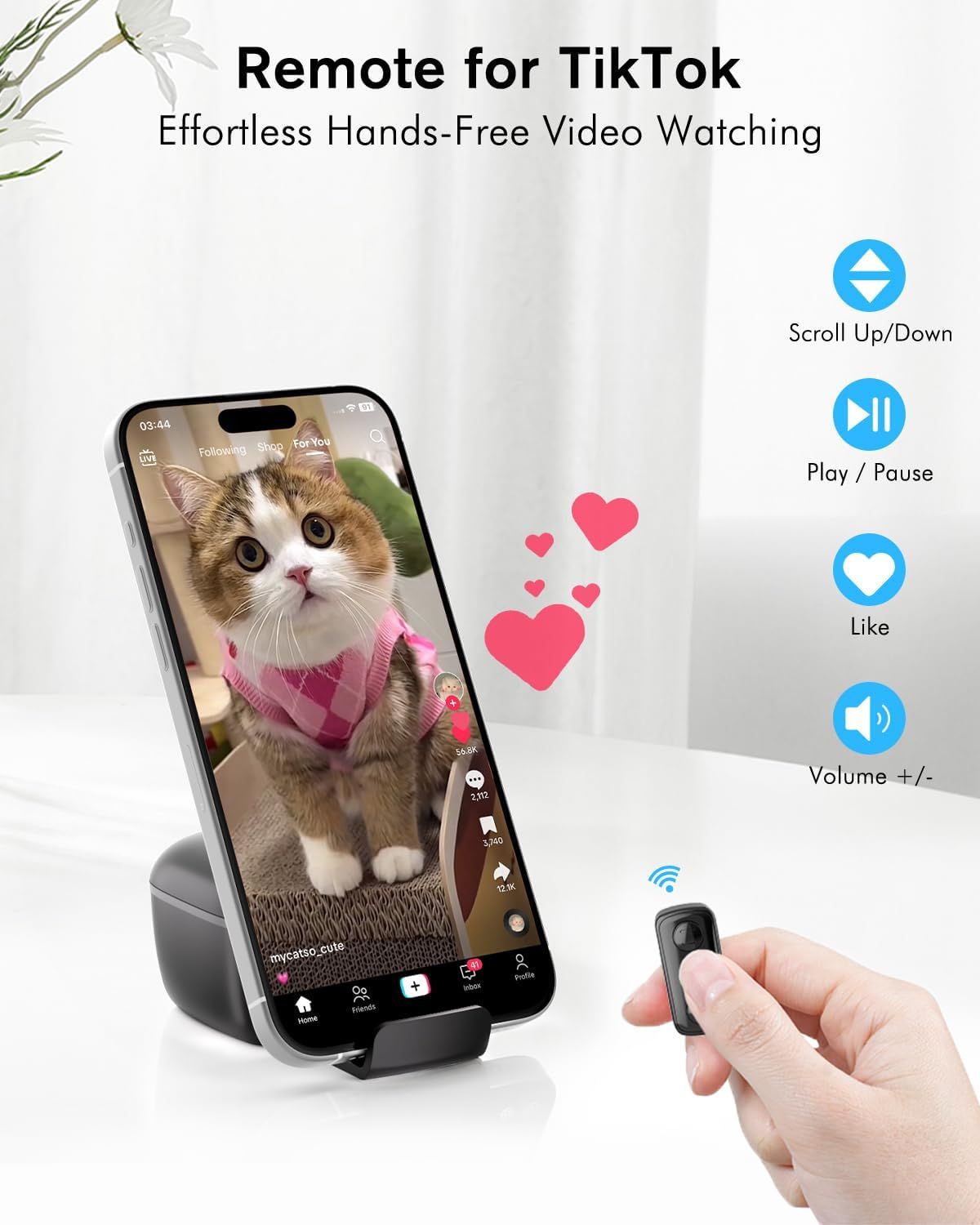 Demonstrates the multiple remote control functions available for hands-free TikTok video watching, highlighting convenience and ease of use across several distinct features.