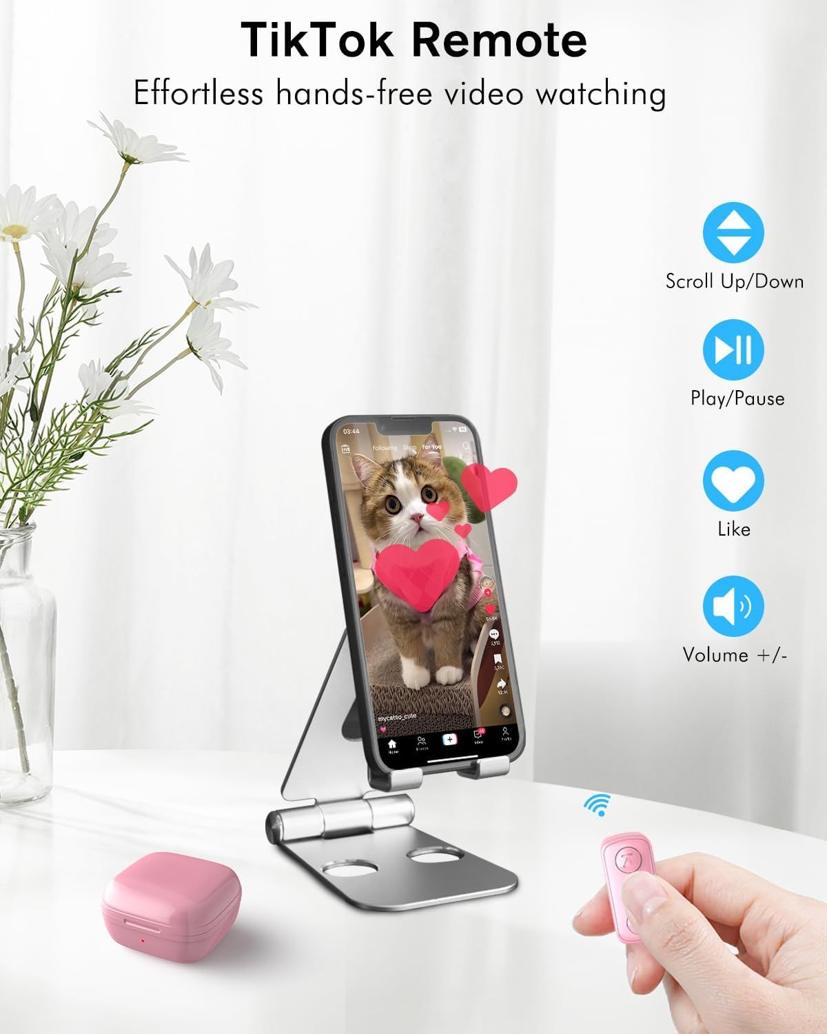 Communicates the convenience of hands-free TikTok video watching and control via a wireless remote, emphasizing ease of use and effortless interaction.