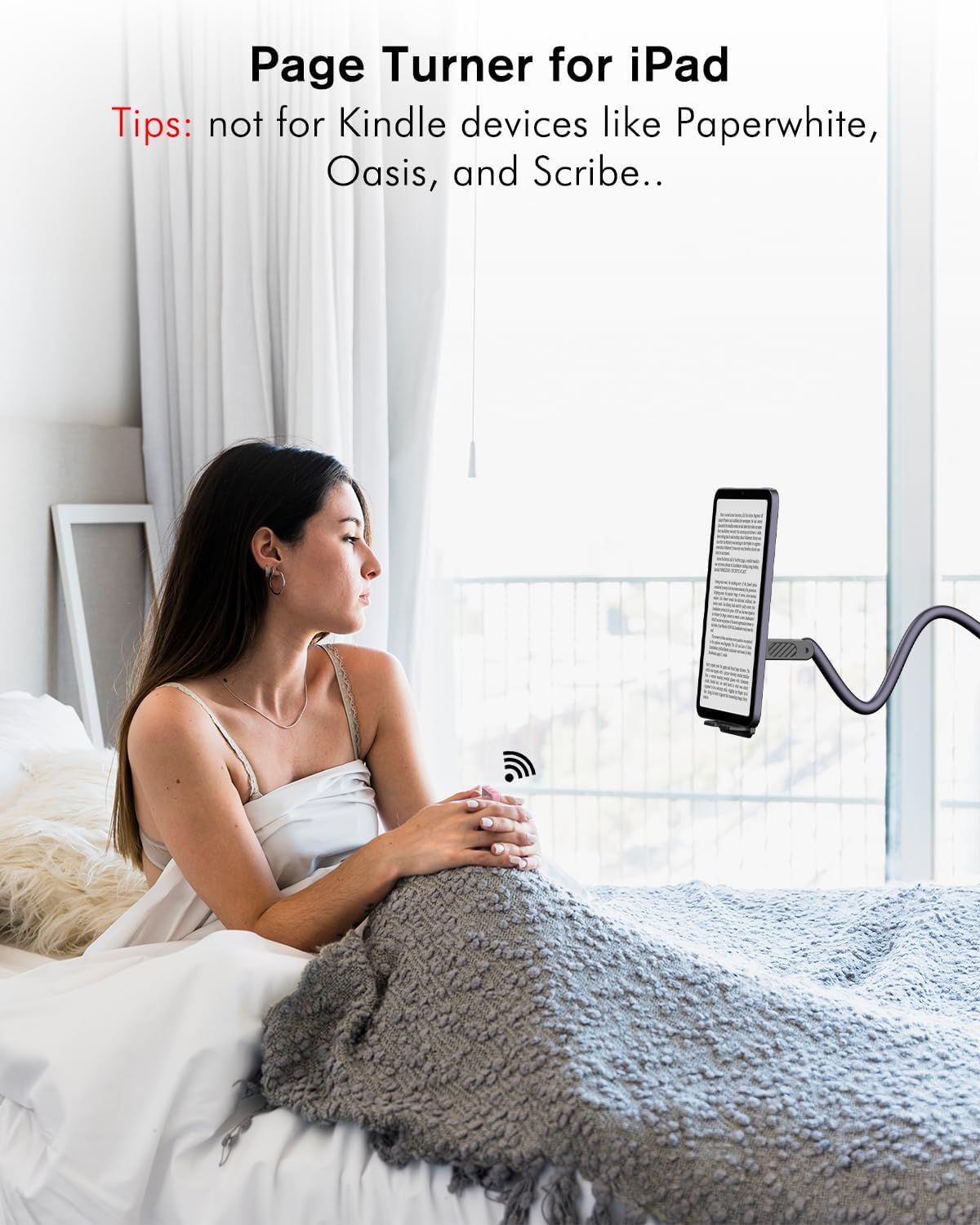 Communicates that this page turner is designed specifically for iPad devices and clarifies it is not compatible with Kindle e-readers, helping shoppers understand device compatibility before…