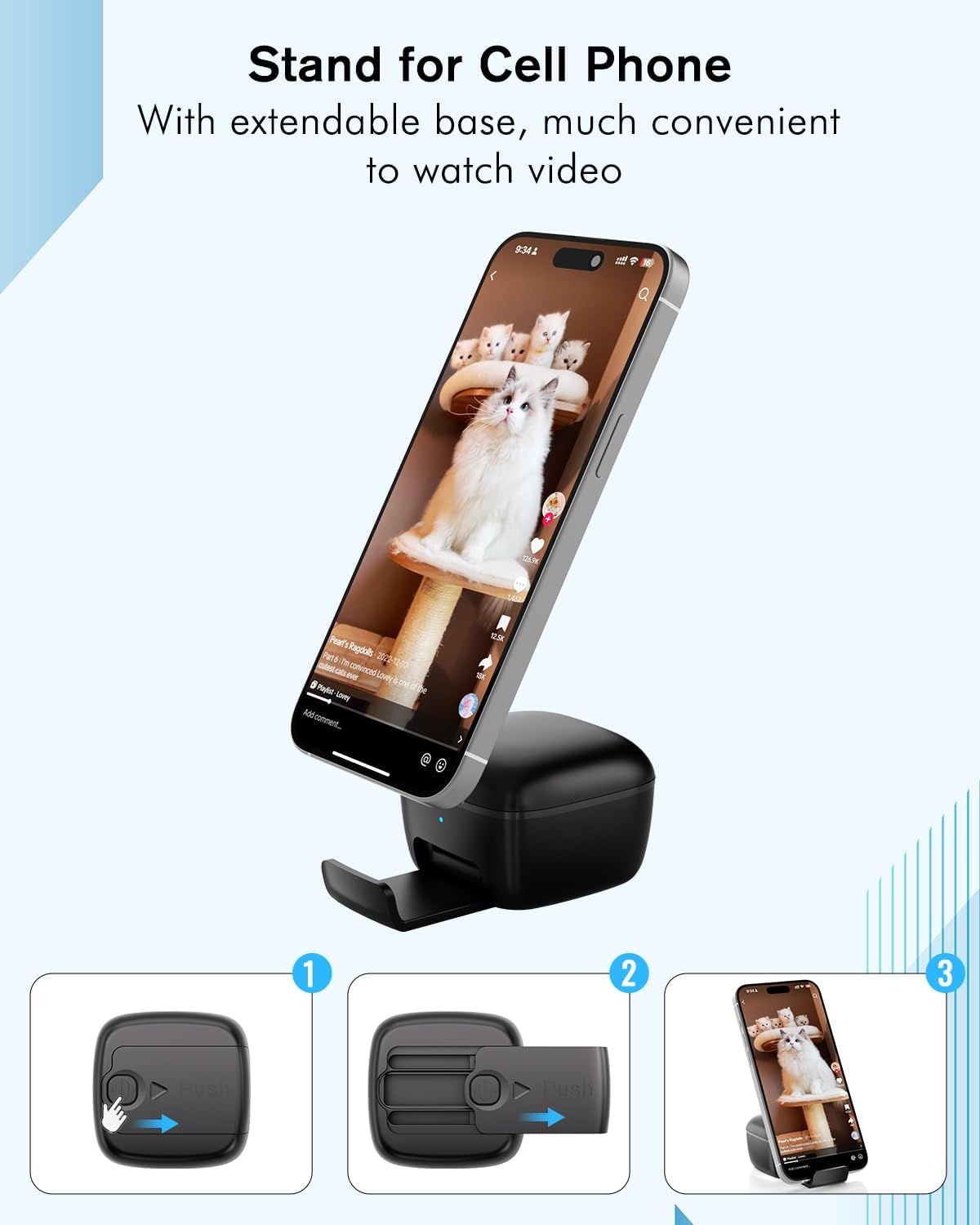 Demonstrates how to set up and use the extendable base feature in three simple steps, showing shoppers how the product transforms into a convenient hands-free video viewing stand. Highlights the…