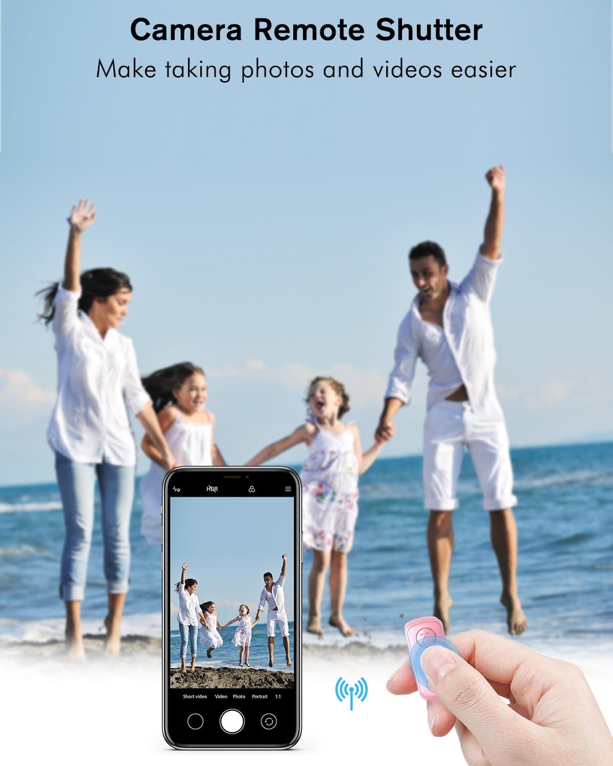 Demonstrates how to use the camera remote shutter to take photos from a distance, showing the ease of capturing family moments hands-free. Highlights the convenience of taking photos and videos…