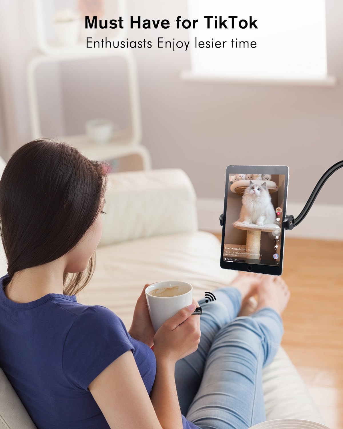 Demonstrates the product's use case for TikTok enthusiasts who want to create content hands-free while relaxing at home, emphasizing convenience and leisure. Communicates the core benefit that the…