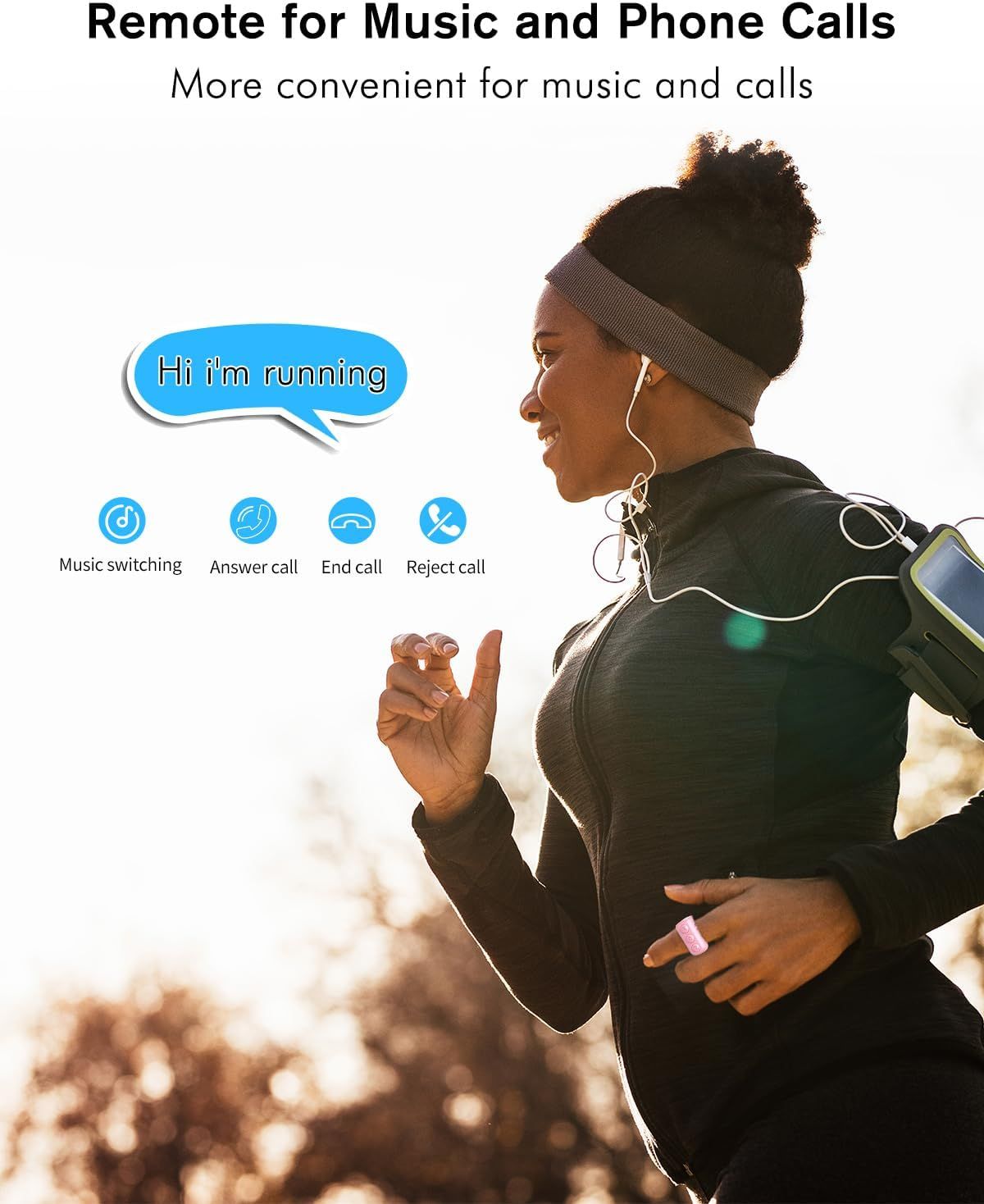 Demonstrates multiple call and music control functions available via the product's remote, reassuring shoppers of hands-free convenience during activities like running.