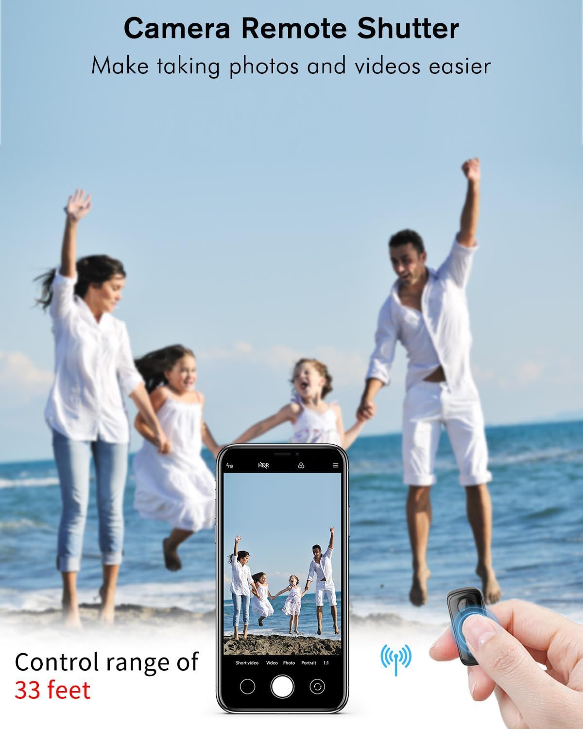 Communicates the wireless range capability of the camera remote shutter to reassure shoppers they can take photos from a distance. Demonstrates how the remote shutter makes taking family photos and…