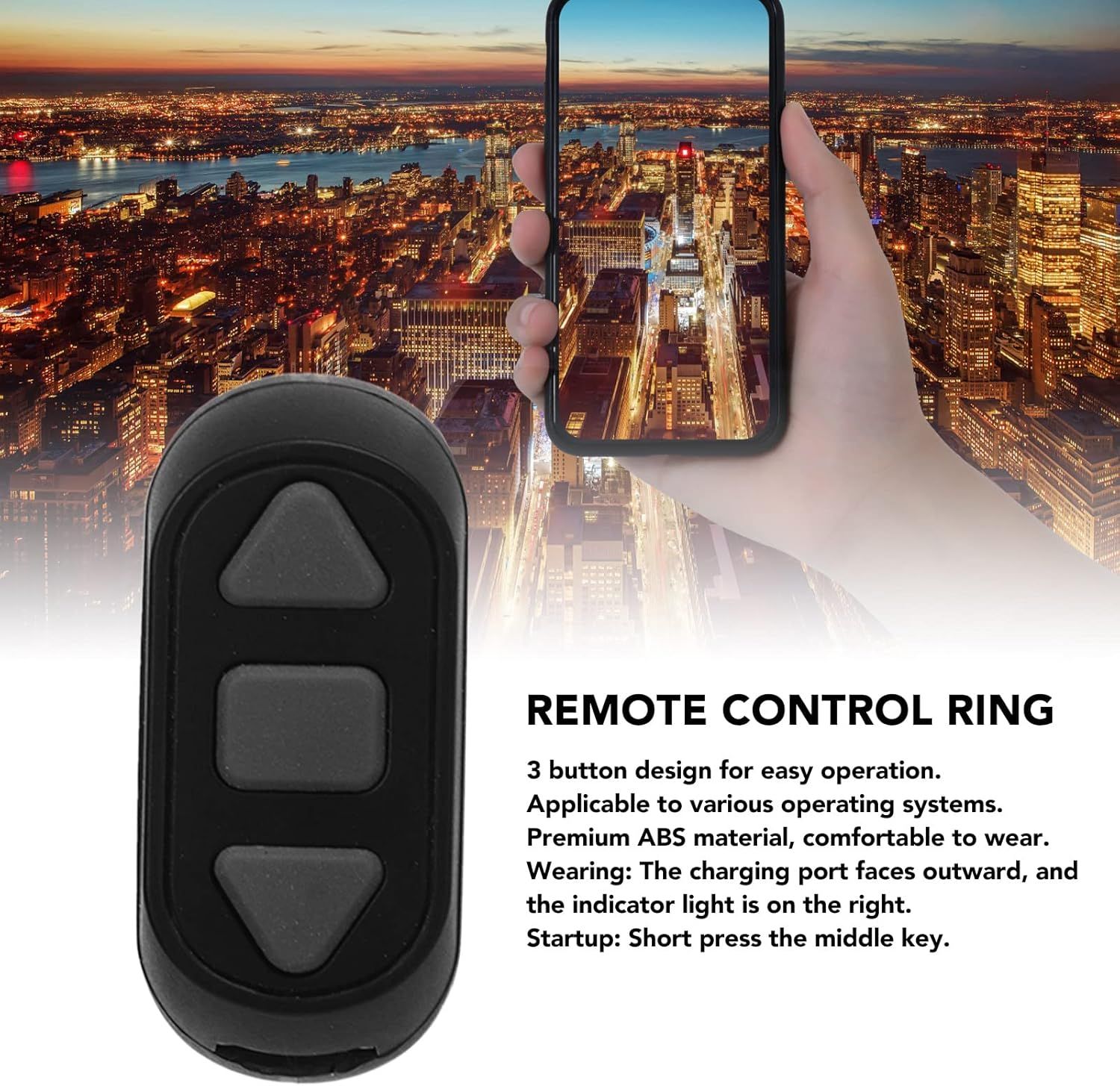 Communicates multiple distinct benefits and features of the remote control ring, including ease of operation, compatibility, material quality, and usage instructions to help shoppers understand the…