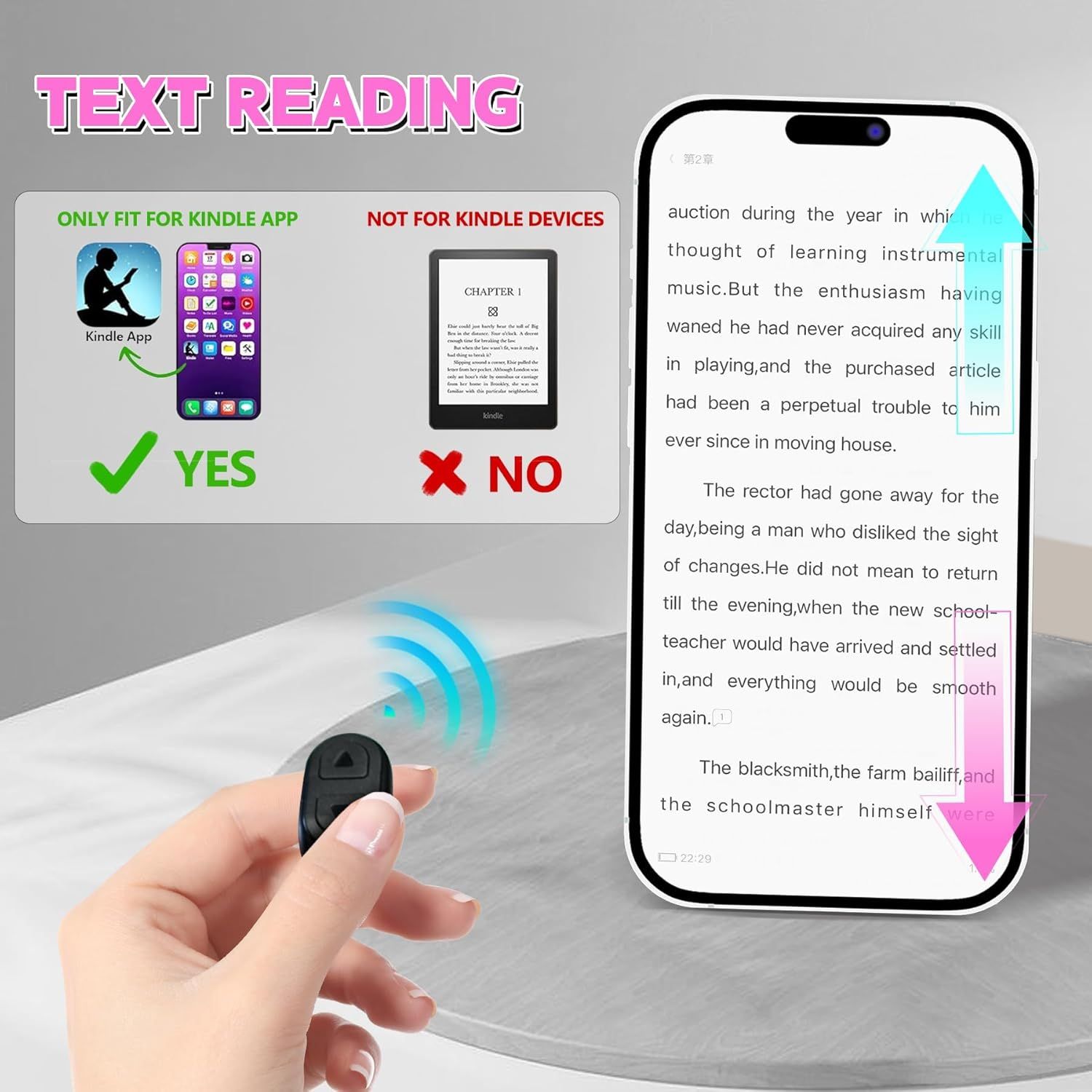 Clarifies that the product is compatible only with the Kindle app on smartphones, not with physical Kindle e-reader devices, helping shoppers avoid purchasing the wrong product. Demonstrates the…