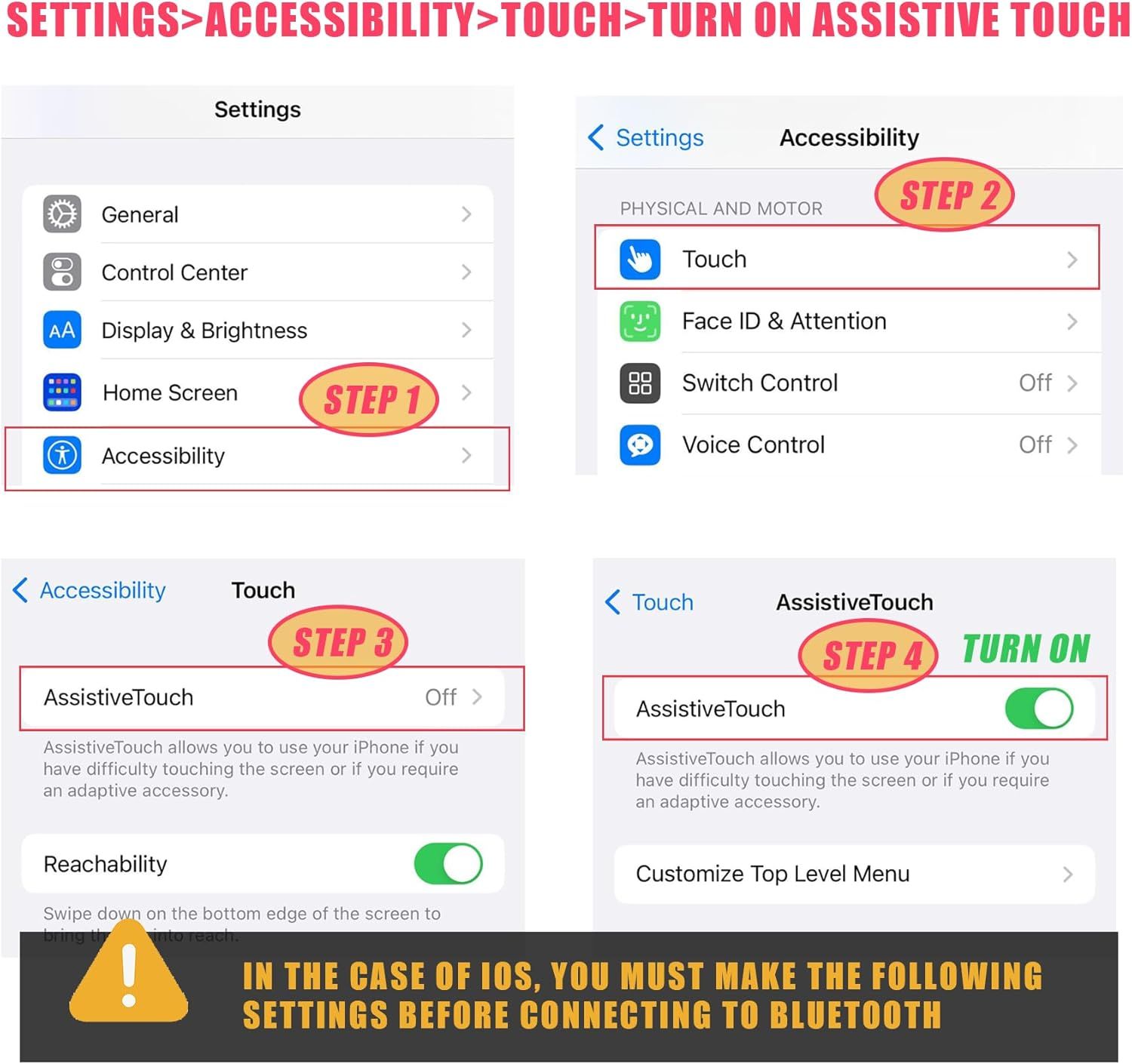 This image provides step-by-step instructions for enabling Assistive Touch on iOS devices, guiding users through the Settings menu to activate this accessibility feature before connecting to…
