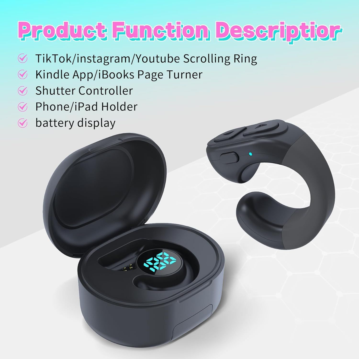Communicates the multiple functions and versatility of this wearable ring device, showing shoppers it can serve as a scrolling controller, page turner, shutter remote, phone holder, and includes…