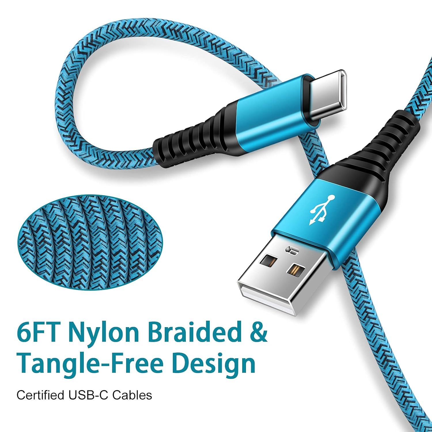 Communicates multiple product benefits including the durable nylon braided material, tangle-free design, and 6-foot cable length to reassure shoppers of quality and convenience.