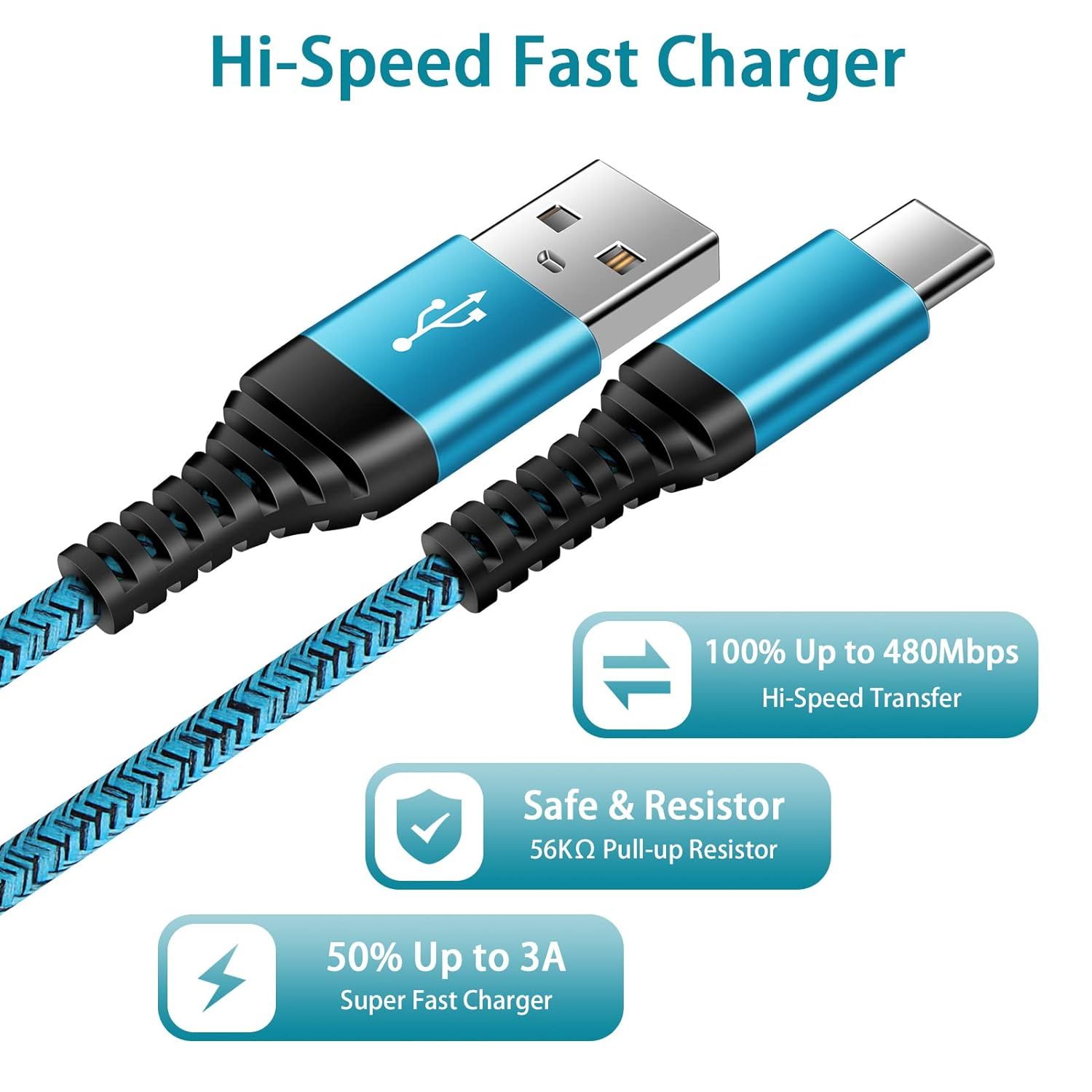 Communicates multiple key benefits of the charging cable including high-speed data transfer, safety features, and fast charging capability to reassure shoppers of the product's performance and…