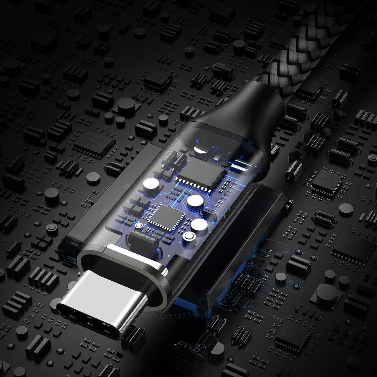 Showcases the sophisticated internal components and advanced chip technology inside the cable or adapter to communicate quality, engineering excellence, and high-performance capabilities.