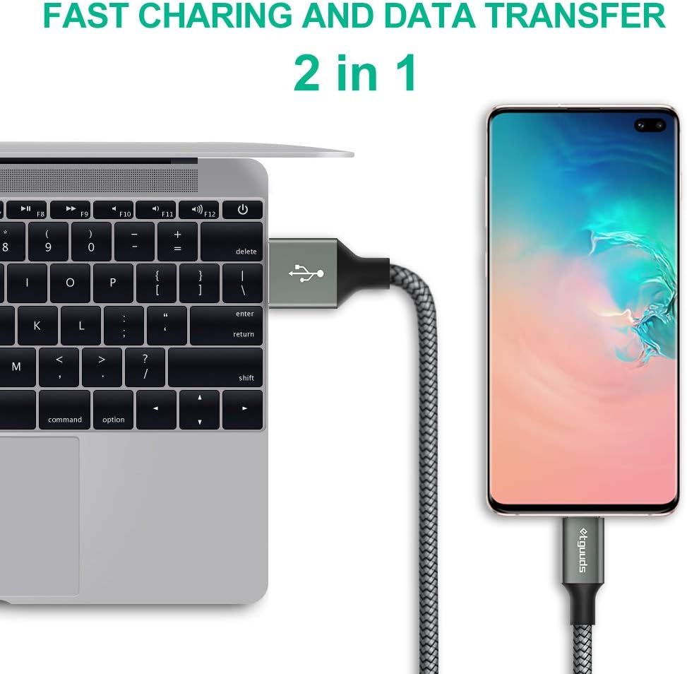Demonstrates the cable's dual functionality as both a fast charging solution and data transfer cable, showing compatibility between laptop and smartphone.