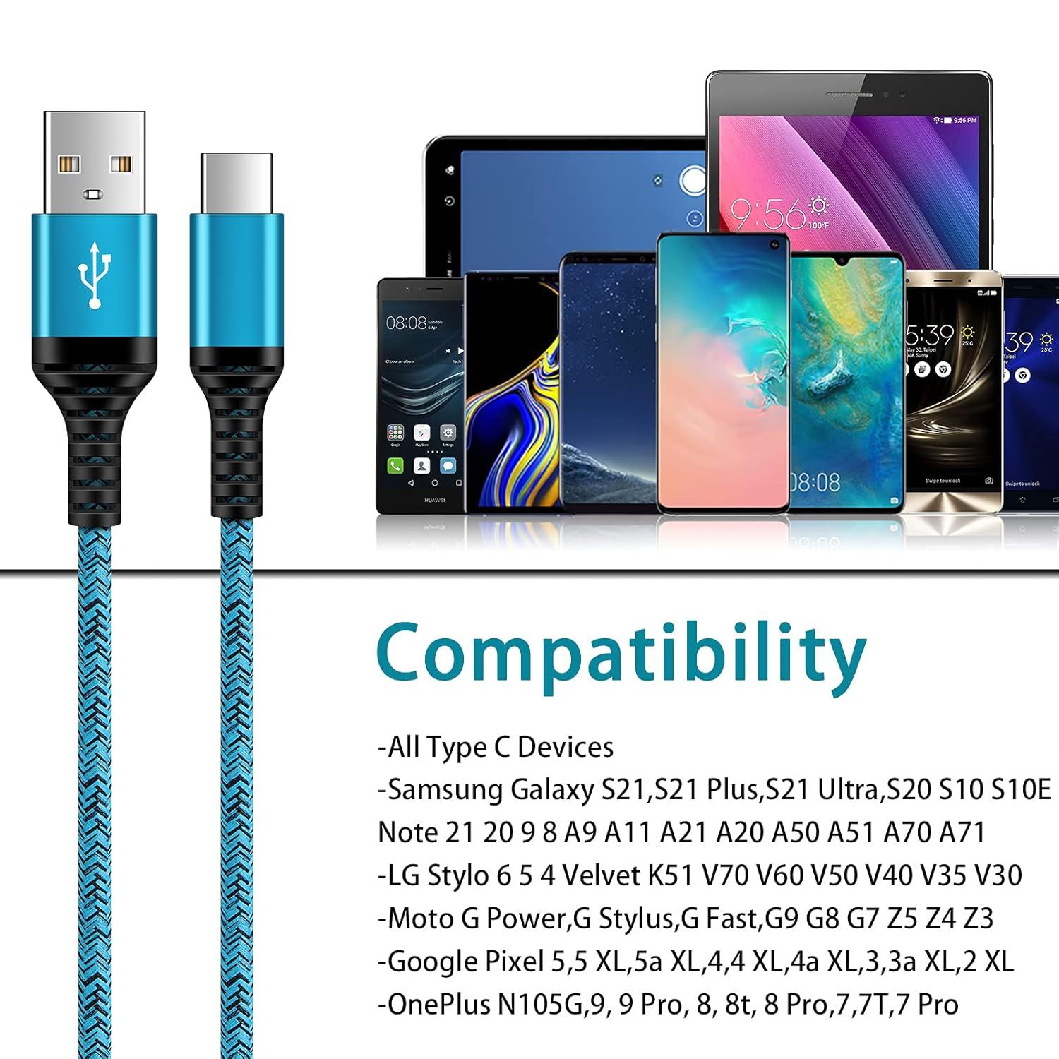 Demonstrates the wide range of Type C devices and phone models that the charging cable is compatible with, reassuring shoppers that it will work with their specific device.