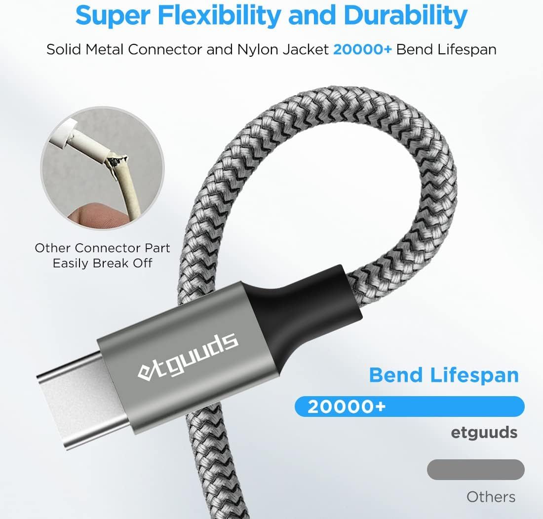 Demonstrates the superior durability of the etguuds cable compared to competitors by showing that its solid metal connector and nylon jacket withstand 20000+ bends, while other connectors easily…