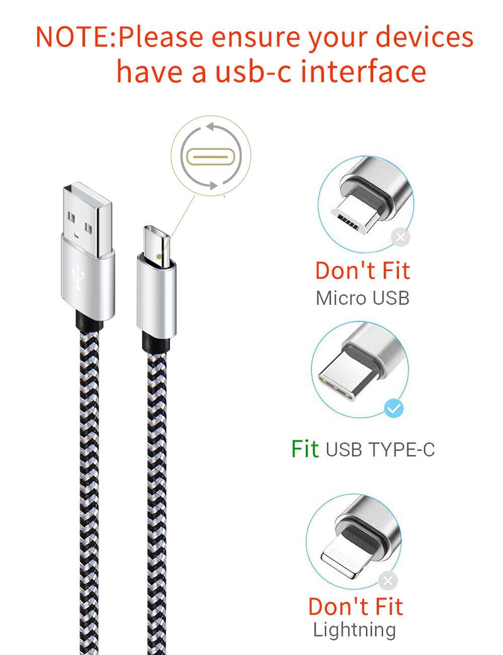 Clarifies which devices the cable is compatible with (USB Type-C) and which it is not (Micro USB and Lightning), helping shoppers avoid purchasing the wrong cable for their device.
