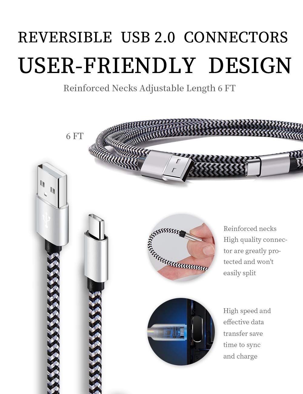 This image communicates multiple product benefits in a segmented layout: the reversible user-friendly design, reinforced durability, adjustable length, and fast data transfer capabilities to…