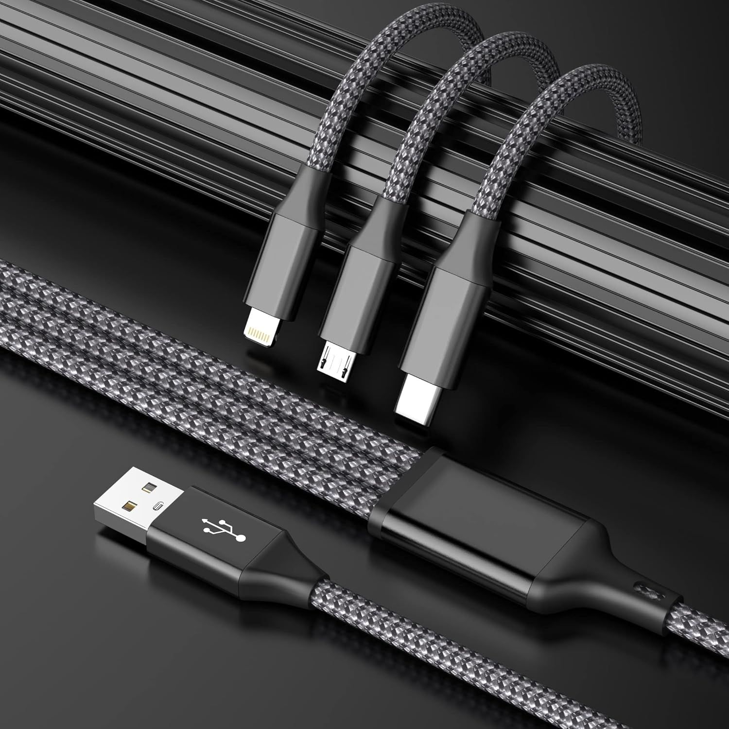 Demonstrates that this single cable can charge multiple device types (Lightning, Micro-USB, and USB-C), providing versatility and convenience for users with different devices.
