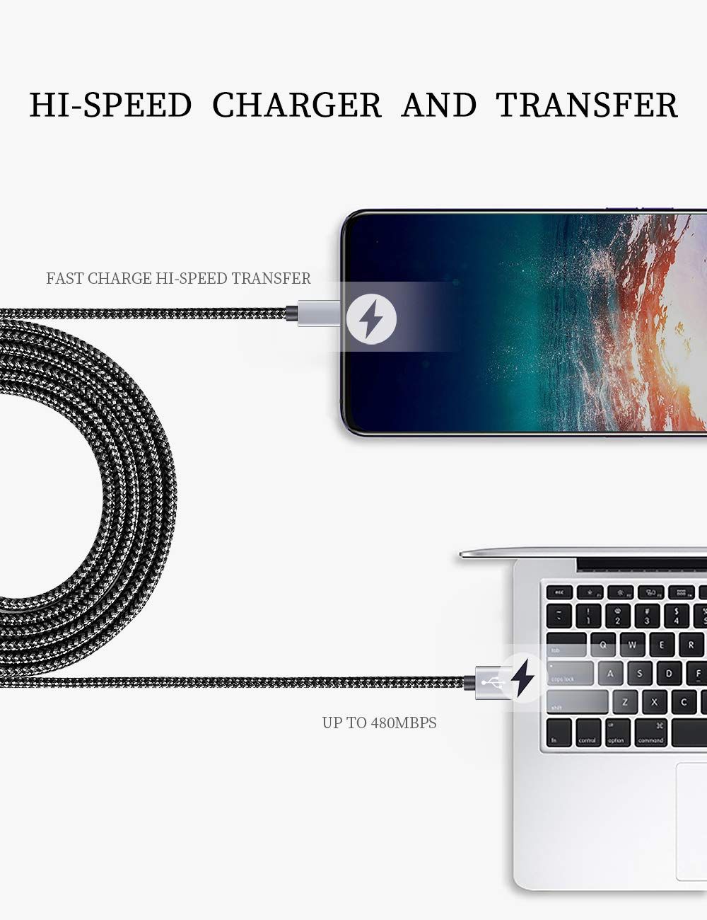 Communicates the cable's dual performance capabilities—fast charging and high-speed data transfer up to 480Mbps—to reassure shoppers of efficient charging and quick file transfers. Highlights the…