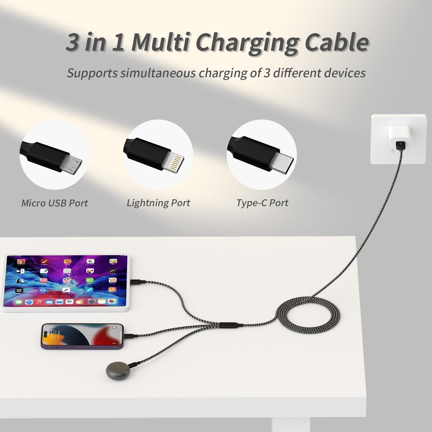 Demonstrates the cable's versatility by showing it can charge three different device types simultaneously (Micro USB, Lightning, and Type-C), reassuring shoppers of broad compatibility and…