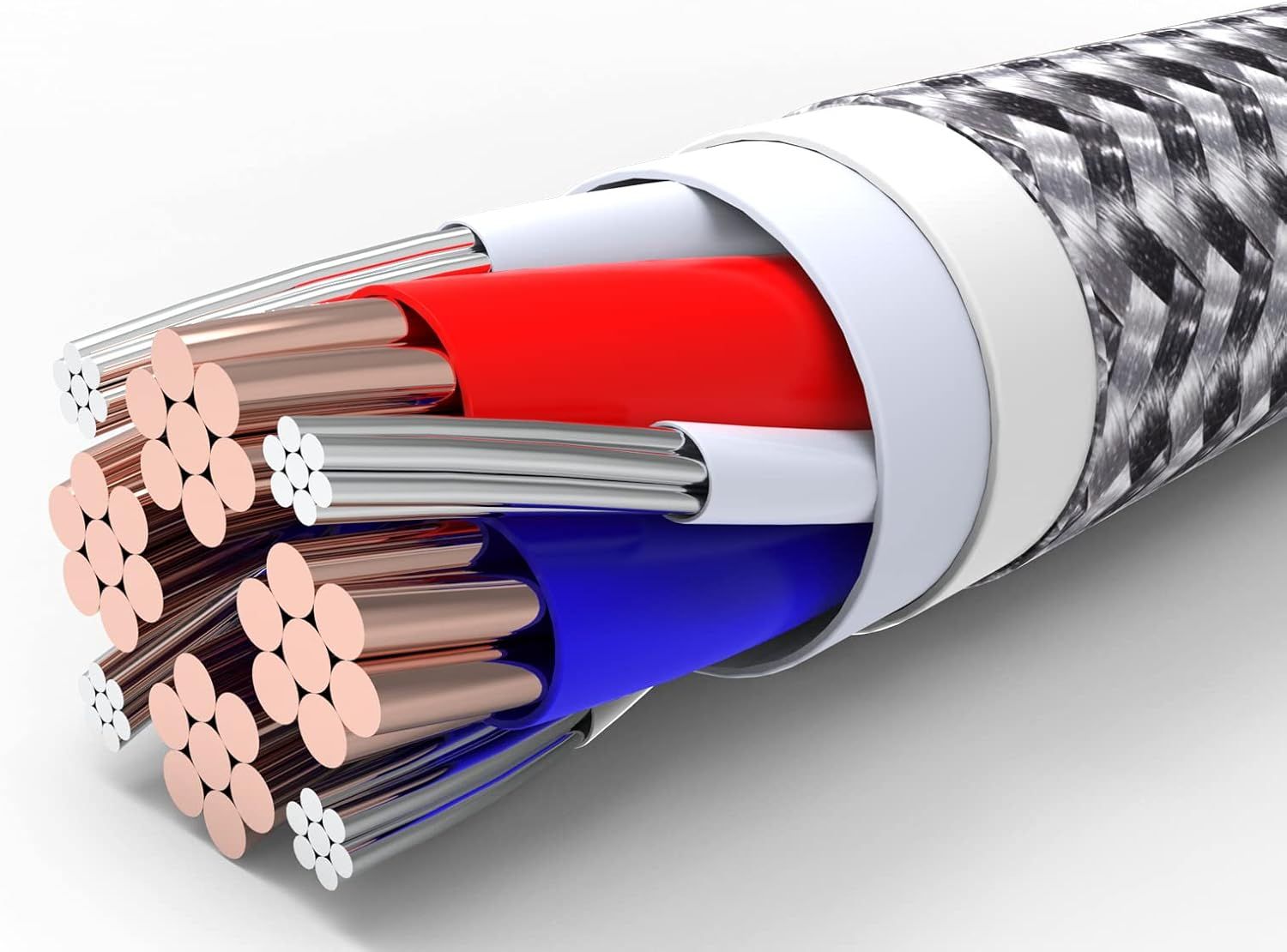 This image breaks down the internal structure of the cable to show shoppers the quality construction, multiple protective layers, and copper conductor strands, reassuring them of durability and…