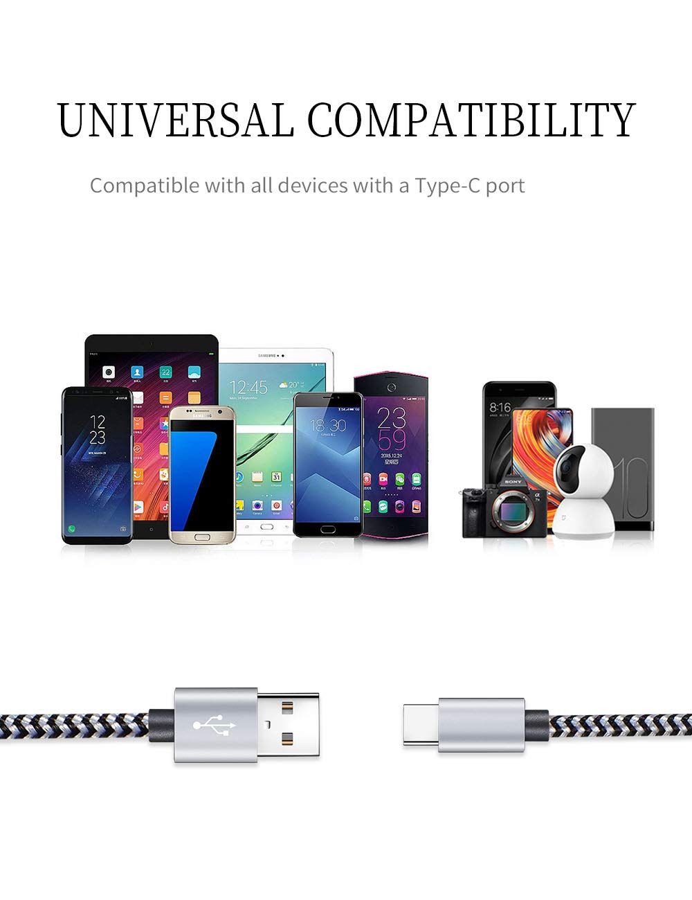 Demonstrates that the cable is compatible with a wide range of devices including smartphones, tablets, cameras, and other electronics with Type-C ports, reassuring shoppers of its versatility.