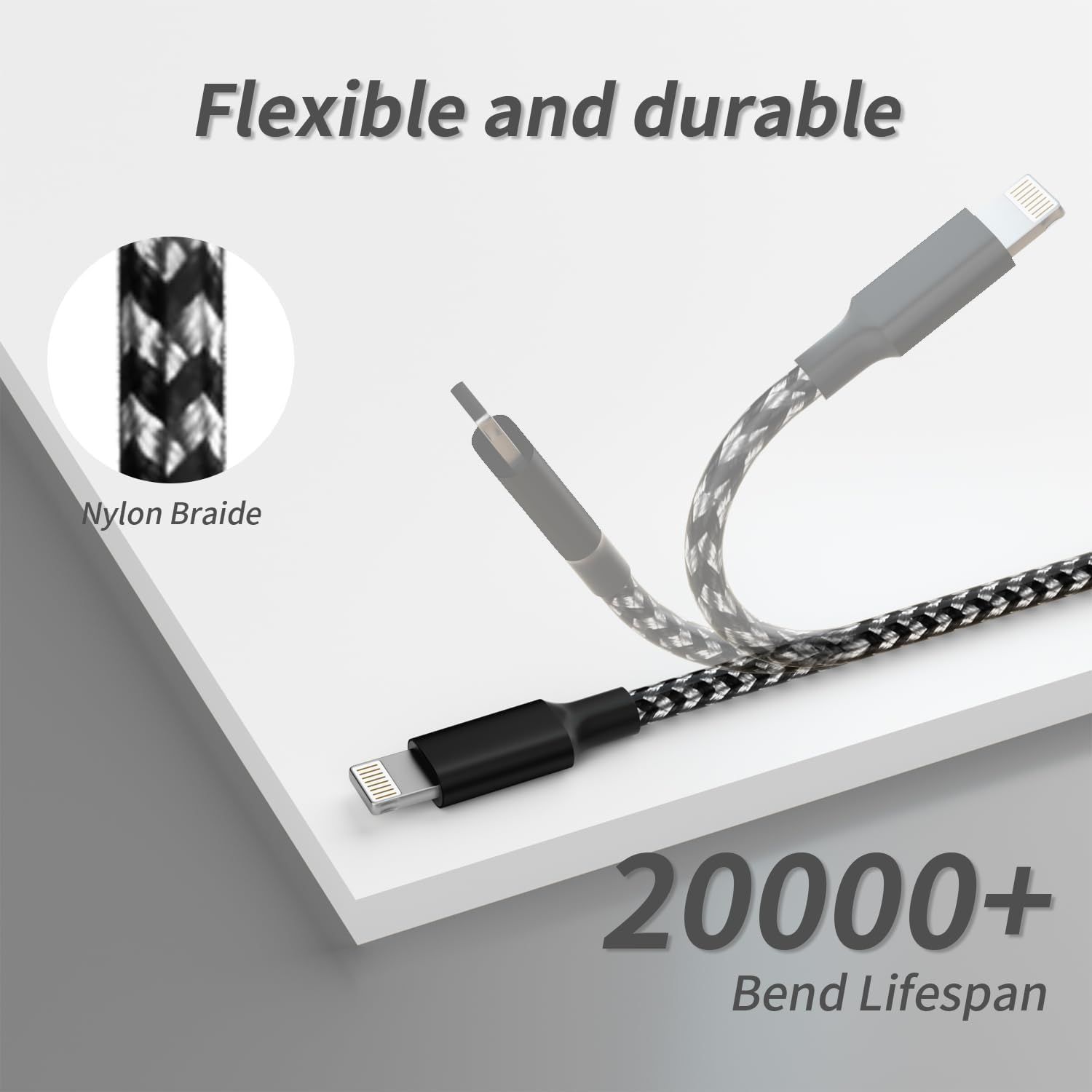 Communicates the product's exceptional durability through a quantifiable performance metric, reassuring shoppers that the cable can withstand over 20,000 bends. Highlights the physical construction…