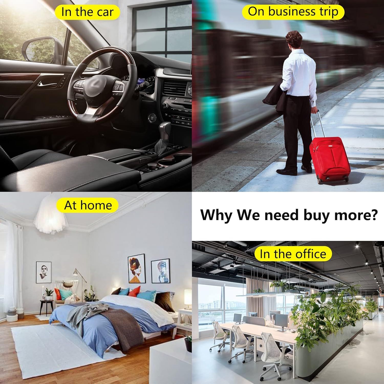 Demonstrates the product's versatility by showing it can be used in multiple real-world scenarios: in the car, on business trips, at home, and in the office, reinforcing its multi-purpose value.