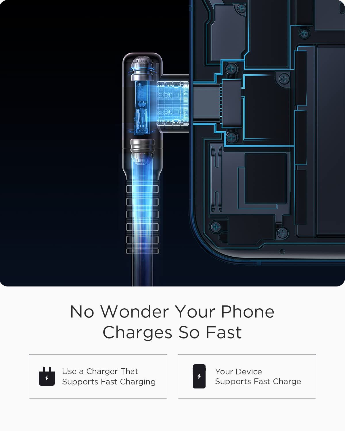 Reveals the internal charging technology and components to explain why the phone charges so fast, building trust through transparency and technical sophistication. Communicates the primary benefit…