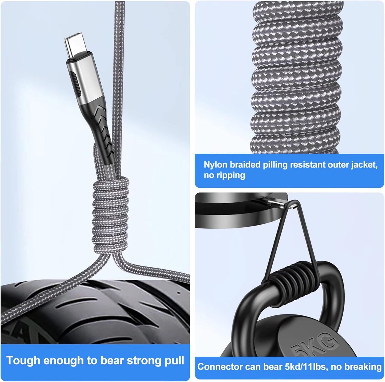 Communicates the cable's durability through multiple distinct benefits: the braided exterior prevents pilling and ripping, the cable withstands strong pulling forces, and the connector can bear…