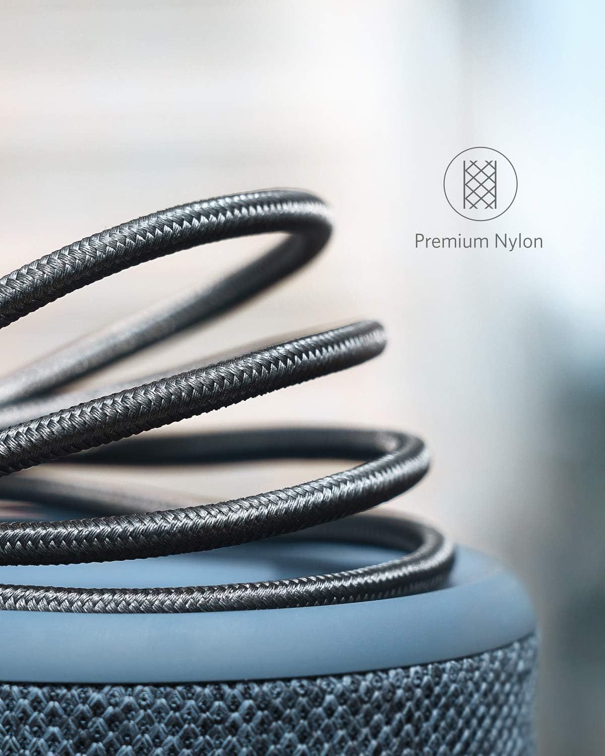 Highlights the premium nylon braided material construction of the cable to communicate durability and quality craftsmanship. Communicates the high-quality premium nylon material as a key benefit,…