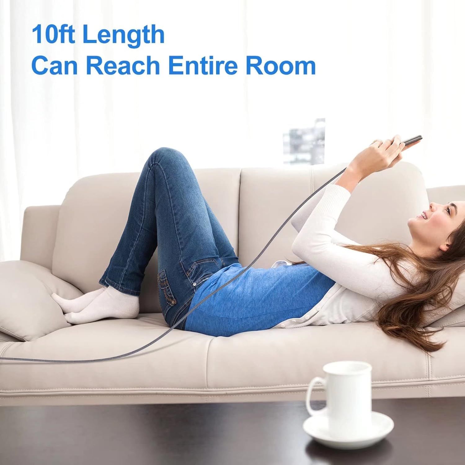 Communicates the cable's 10-foot length as a key performance feature, reassuring shoppers they can use their device comfortably from anywhere in the room without being tethered close to an outlet.…