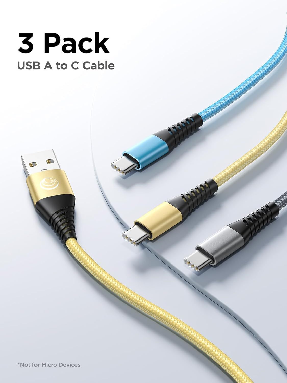 Shows the customer receives three USB A to C cables in different colors (blue, gold, gray) when purchasing this product, emphasizing value and variety.