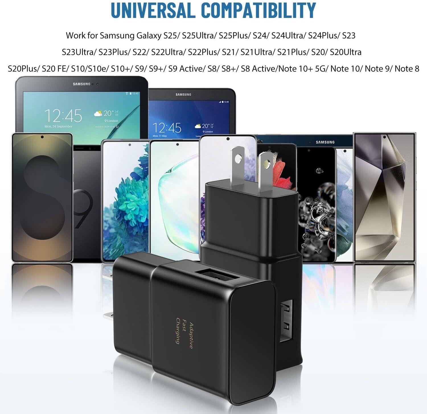 Demonstrates the charger's broad compatibility across multiple Samsung Galaxy phone and tablet models, reassuring shoppers that it will work with their specific device.