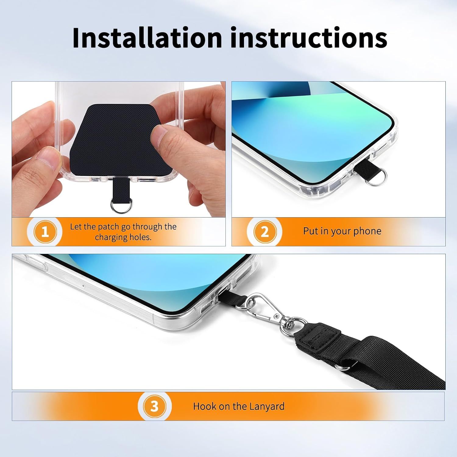 Demonstrates the step-by-step installation process for a phone case with lanyard attachment, showing shoppers exactly how to set up and use the product.
