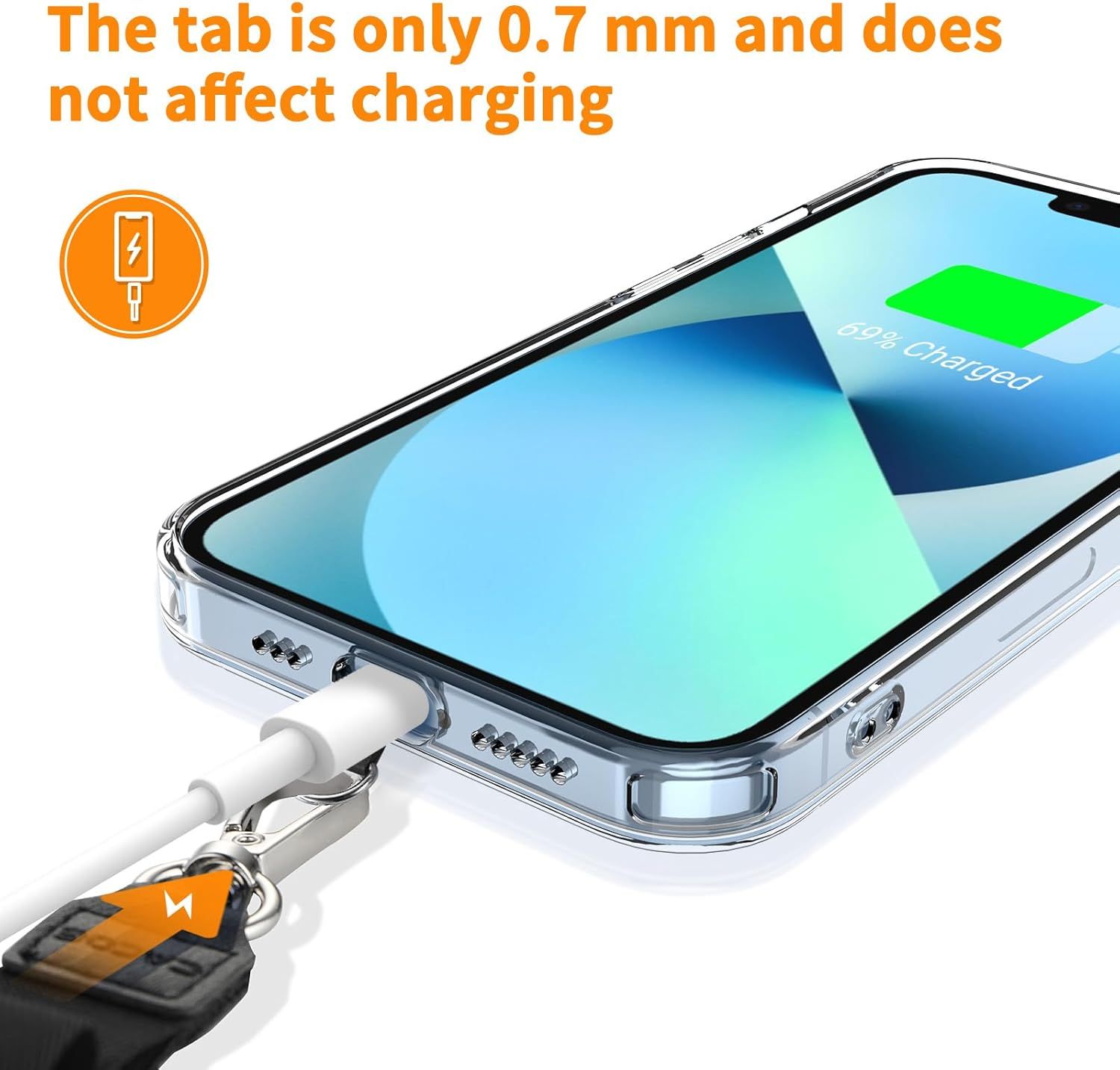 Highlights the ultra-thin 0.7mm tab design and reassures shoppers that this design feature does not interfere with charging functionality. Communicates the key benefit that the product's slim tab…
