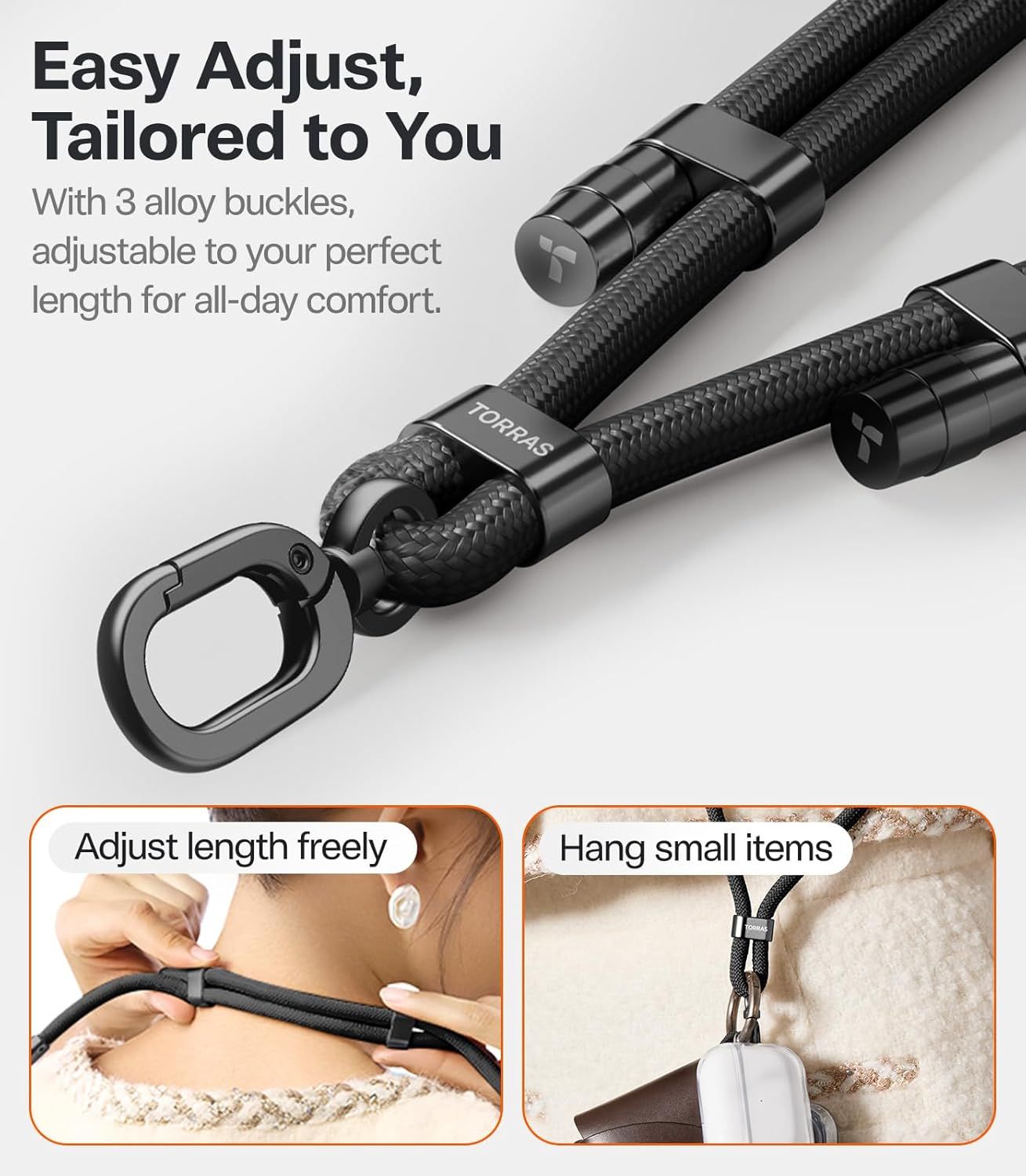 Communicates the product's adjustability and versatility through visually segmented panels showing the adjustable buckle system, how to customize the length, and the ability to hang small items.