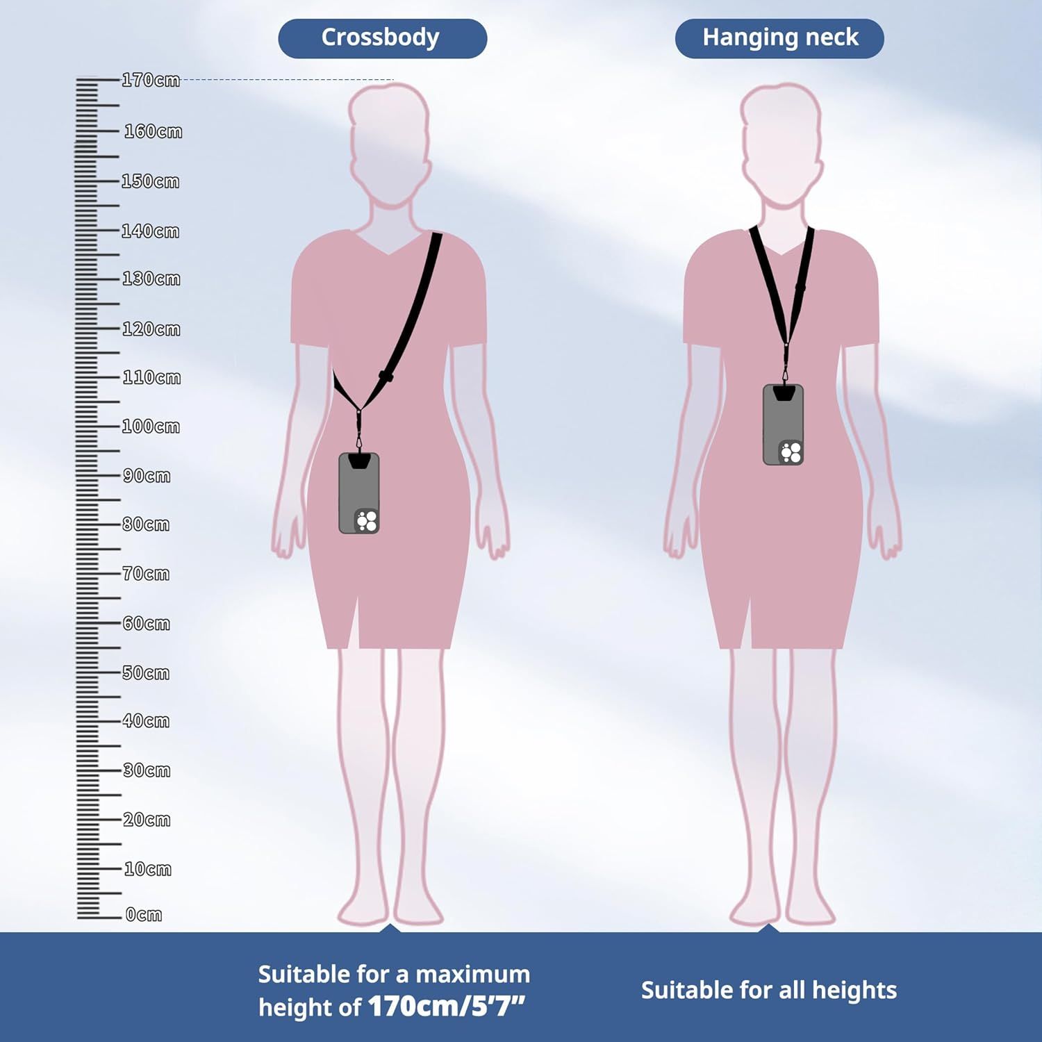Demonstrates two wearing styles (crossbody and hanging neck) with a height reference scale to help shoppers understand how the product will fit and which style suits their height.