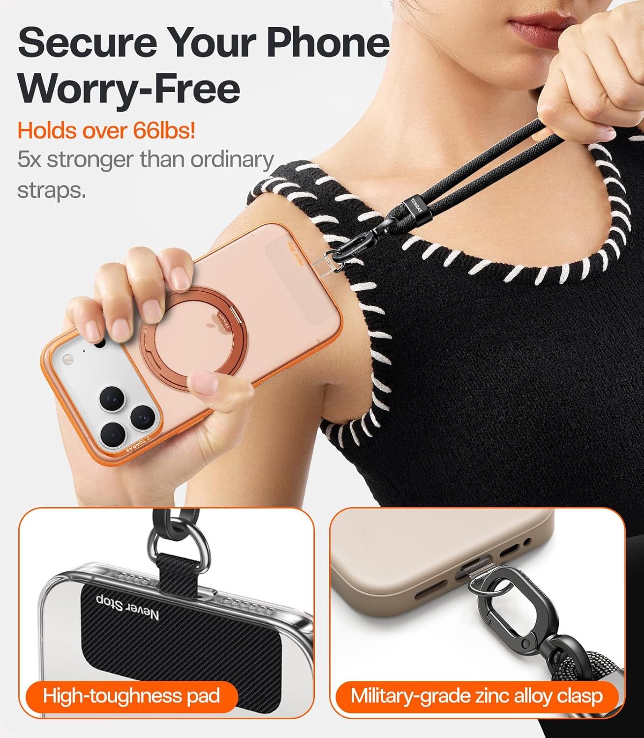Highlights the physical components and materials of the phone strap system to reassure shoppers of its durability and quality construction. Communicates the quantifiable strength and performance of…
