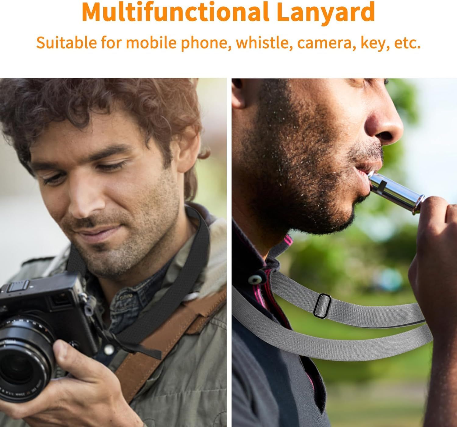 Demonstrates the lanyard's versatility by showing it can be used for multiple items like cameras and whistles, reassuring shoppers of its multifunctional value.