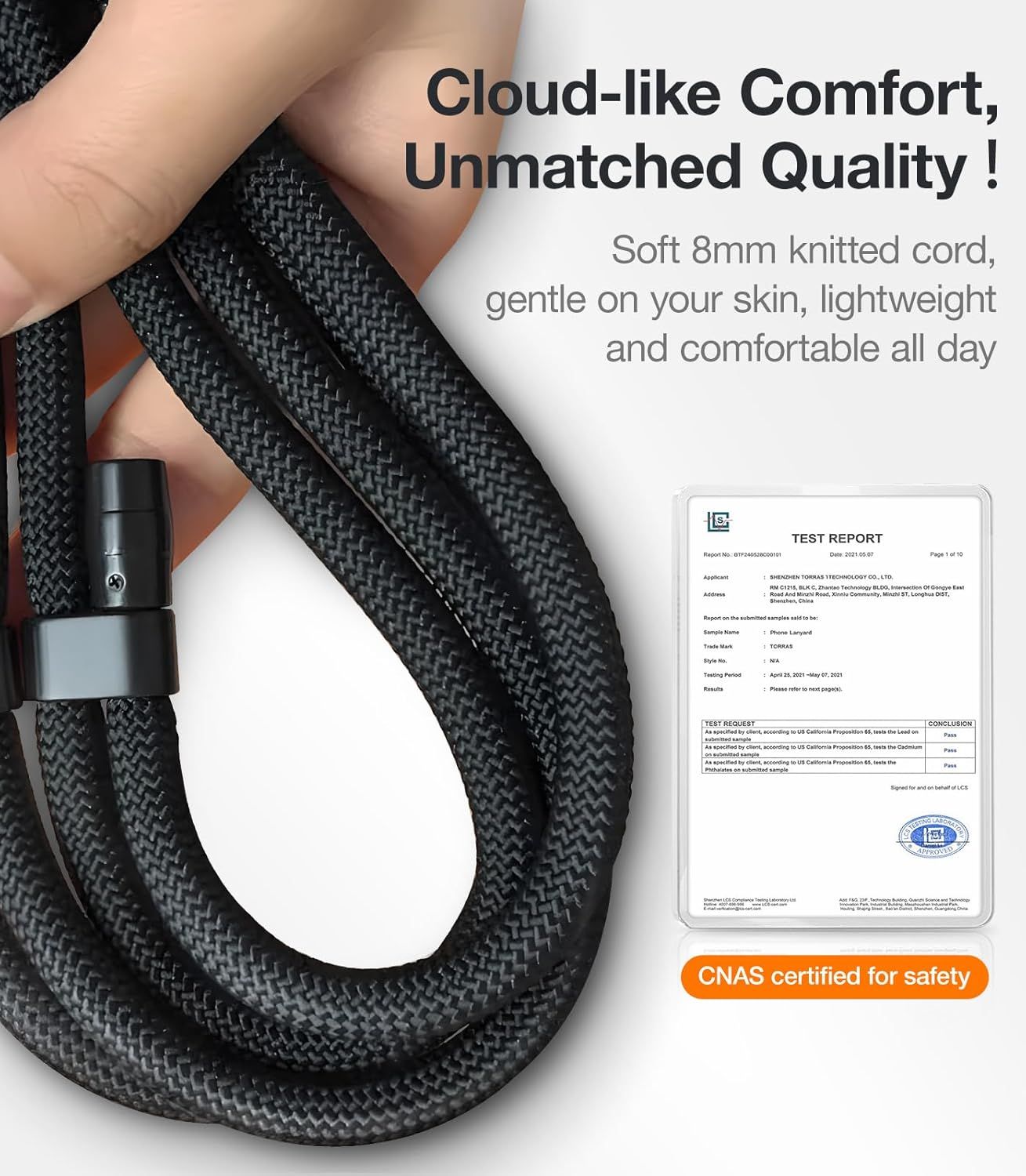 Reassures shoppers that the product has been tested and certified for safety by an official testing authority, building trust and confidence in product quality. Highlights the product's comfort…