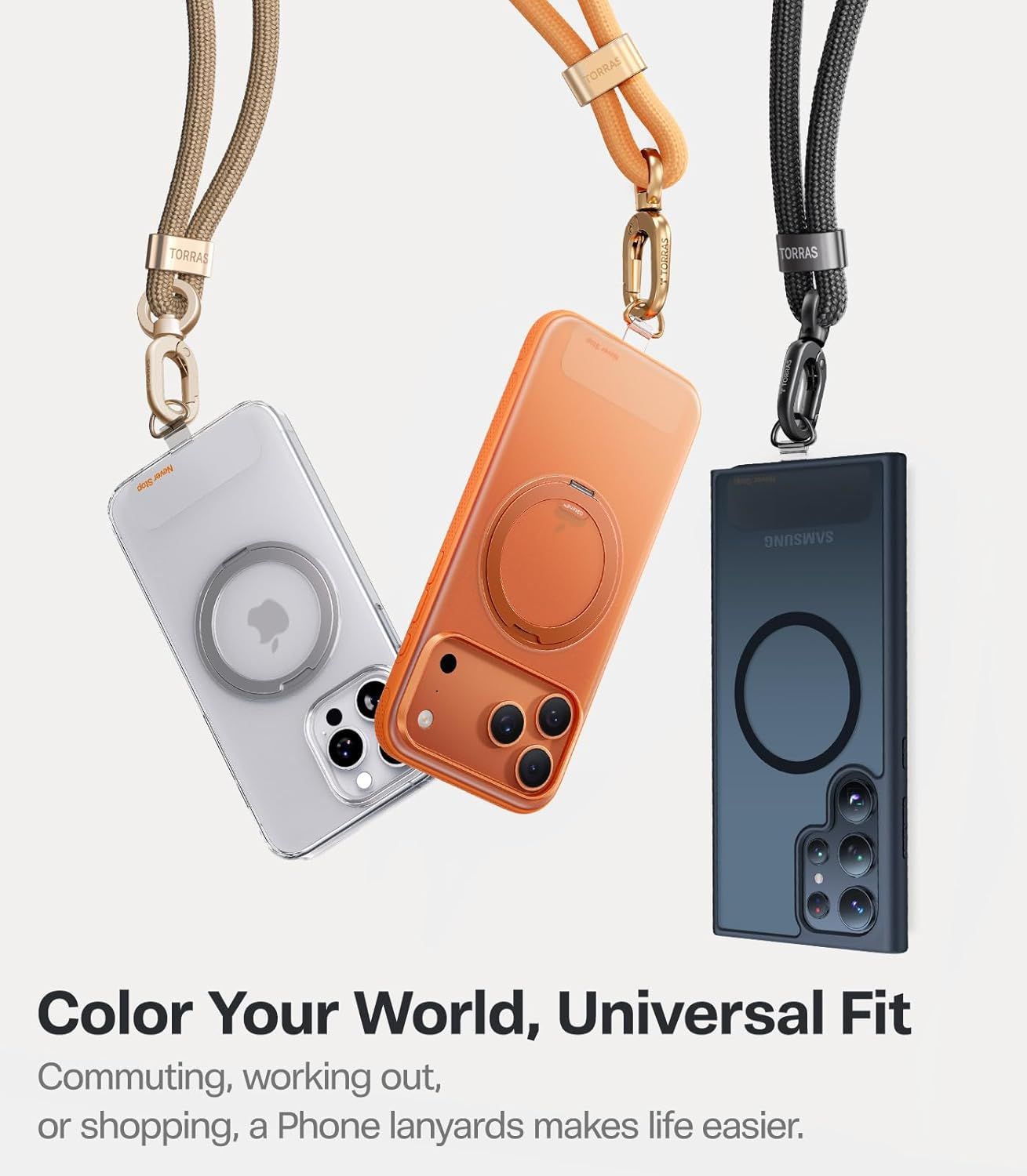 Showcases the brand's product lineup in multiple color options (clear, orange, dark blue) to help shoppers choose their preferred style while emphasizing universal compatibility and lifestyle…
