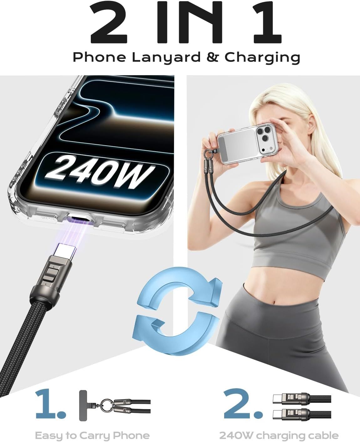 Communicates that this product serves dual purposes—functioning as both a wearable phone lanyard for hands-free carrying and a high-speed 240W charging cable—offering convenience and versatility.