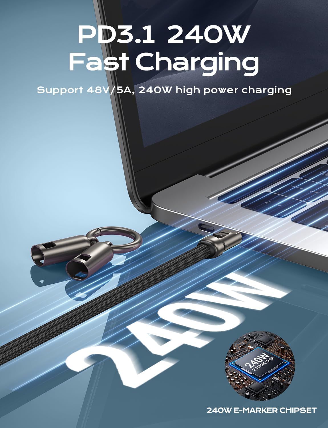 Highlights the product's impressive 240W fast charging capability and technical specifications to communicate superior charging speed and power delivery performance. Communicates the core benefit of…