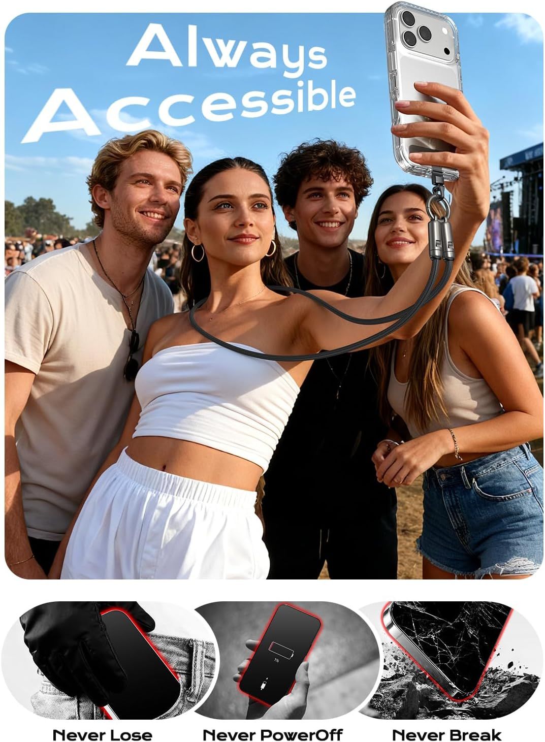 Communicates three distinct product benefits in a segmented layout: the phone case can be worn around the neck for easy access, prevents power-off issues, and protects against breakage from drops.